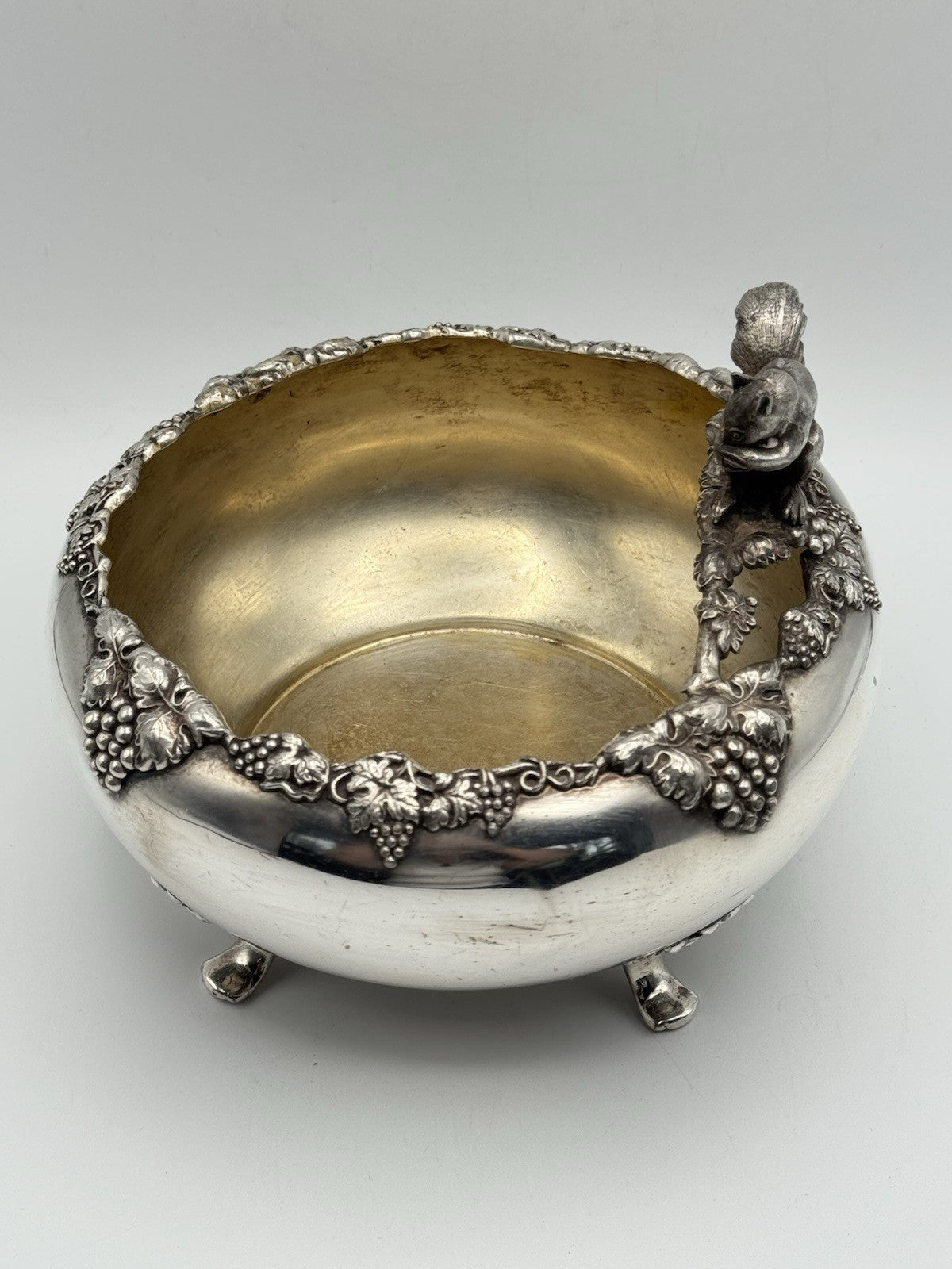 Antique FB Rogers Quadruple Silver Plate Nut Bowl Squirrel Finial Grapevine 8”d