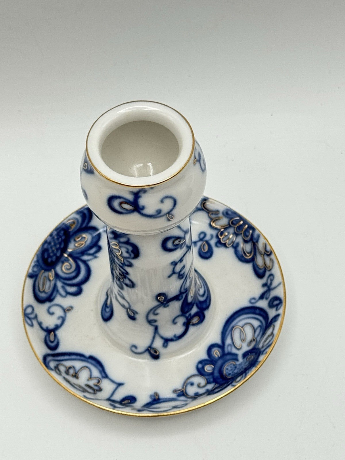 Vintage Russian Porcelain Candlestick Lomonosov Blue White Gold Trim 5”x 4.25”
