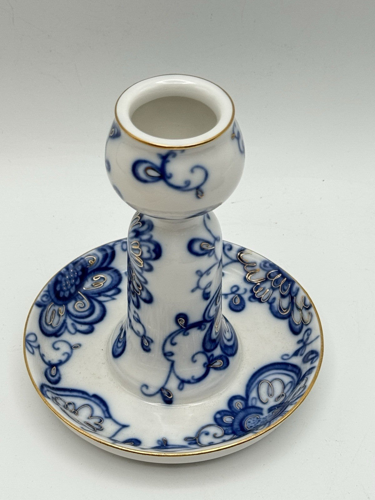 Vintage Russian Porcelain Candlestick Lomonosov Blue White Gold Trim 5”x 4.25”