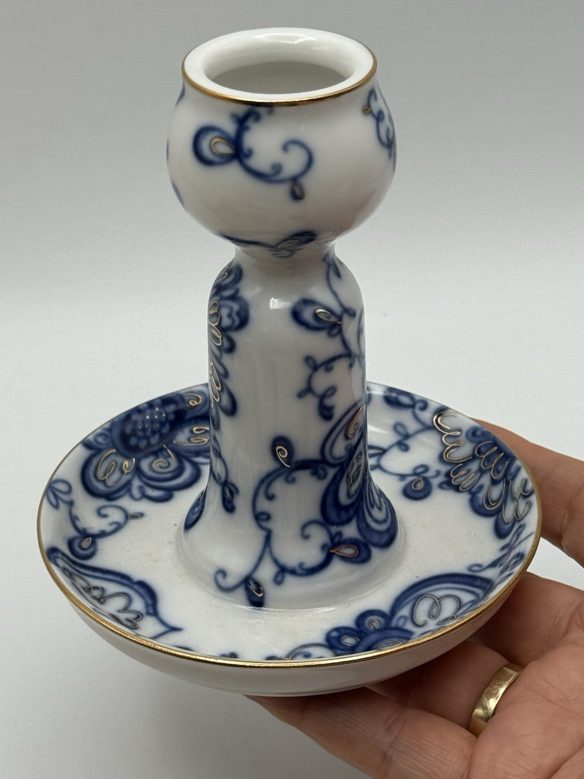 Vintage Russian Porcelain Candlestick Lomonosov Blue White Gold Trim 5”x 4.25”