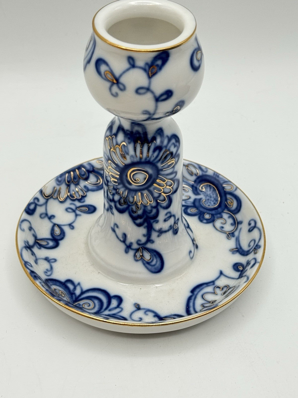 Vintage Russian Porcelain Candlestick Lomonosov Blue White Gold Trim 5”x 4.25”