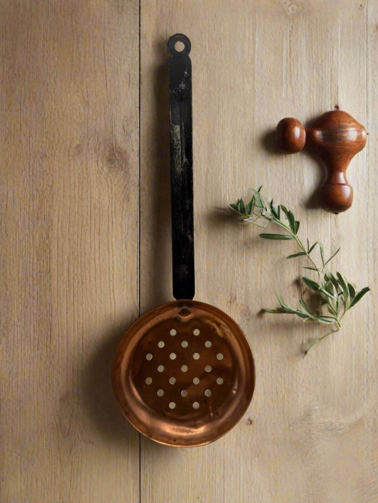 Antique Copper Skimmer Ladle with Iron Handle – Rustic Farmhouse Kitchen Tool