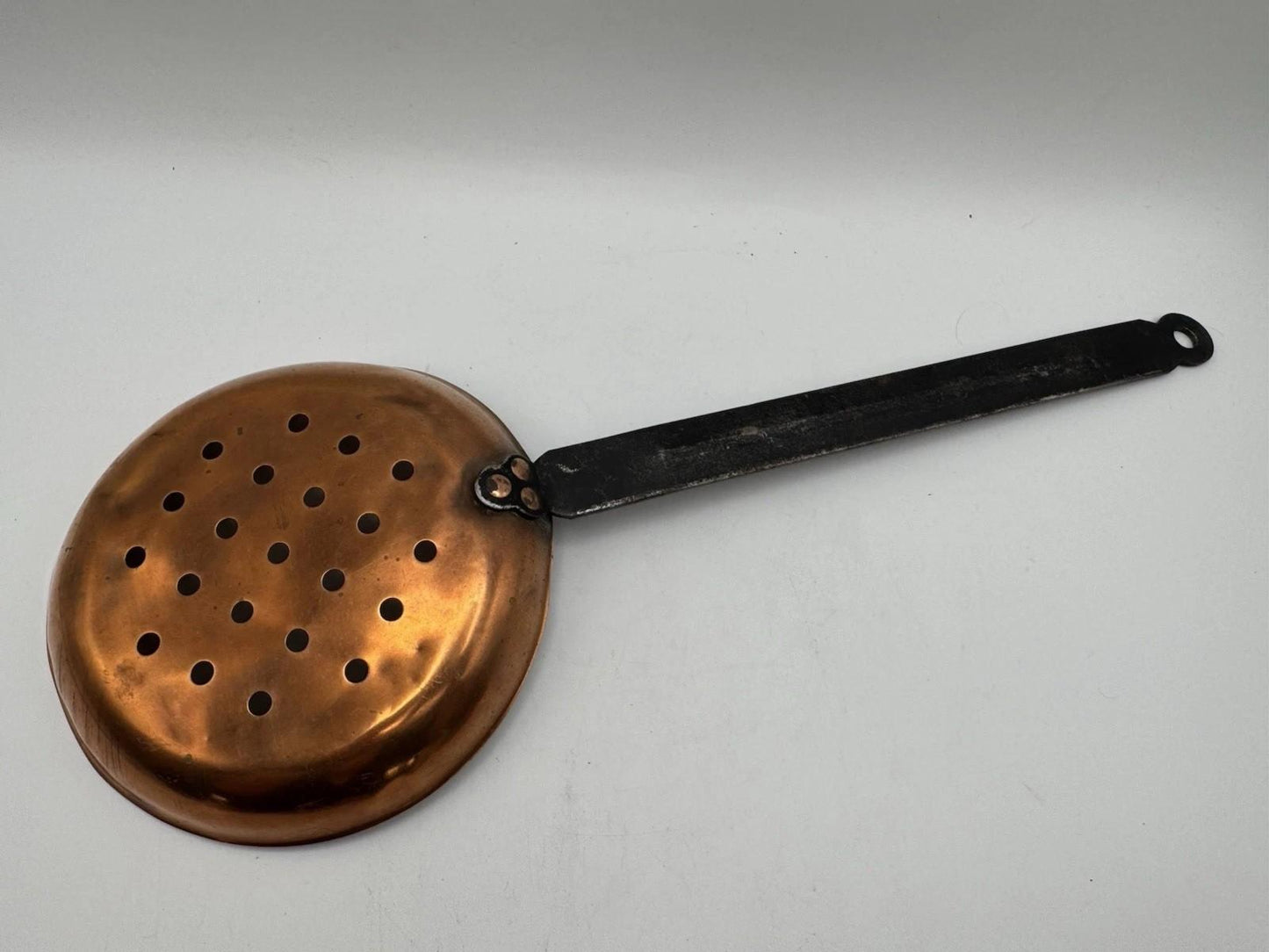 Antique Copper Skimmer Ladle with Iron Handle – Rustic Farmhouse Kitchen Tool