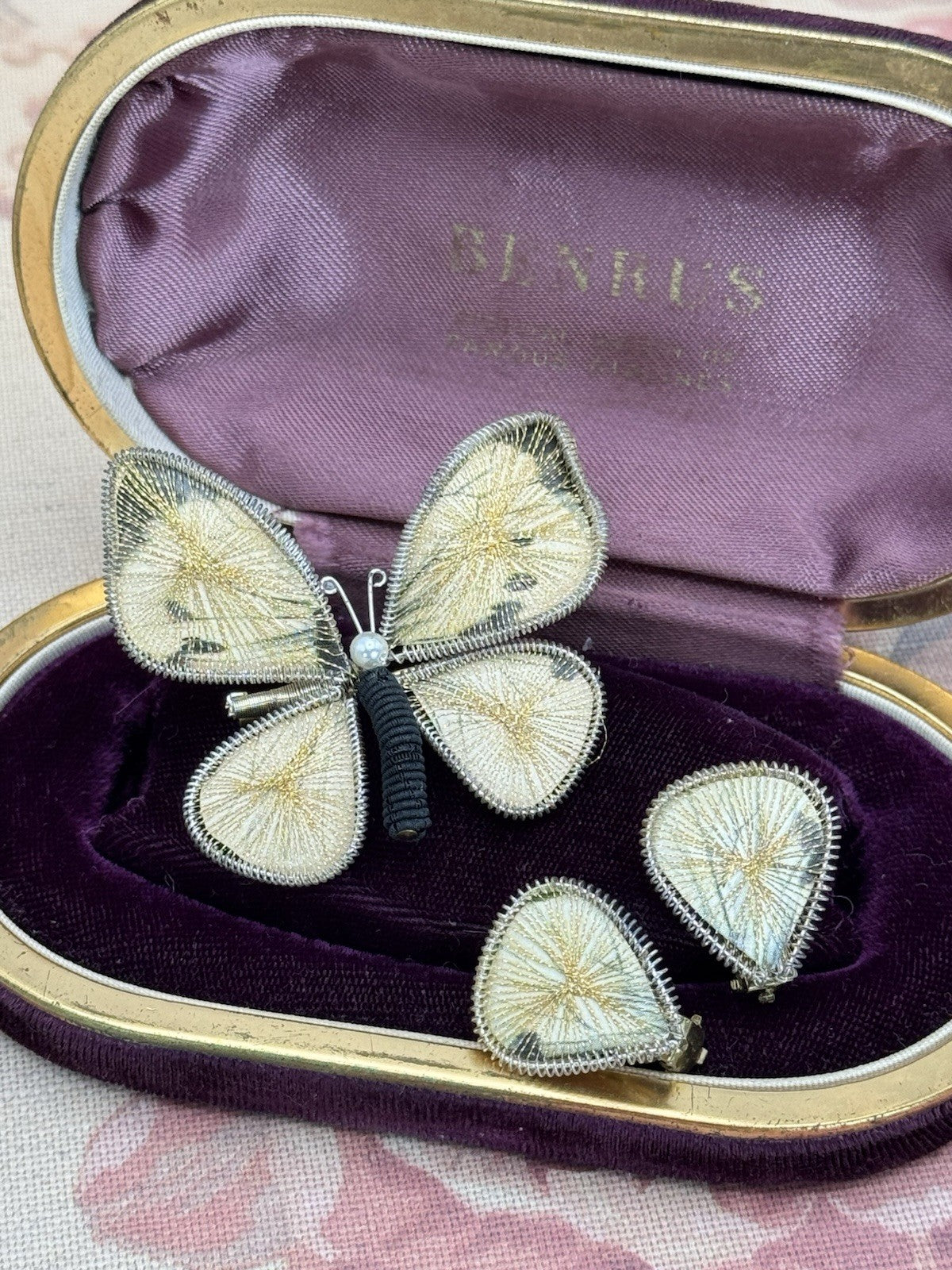 Signed Germany Butterfly Handmade Wirework Brooch & Earring Set Mid-Century