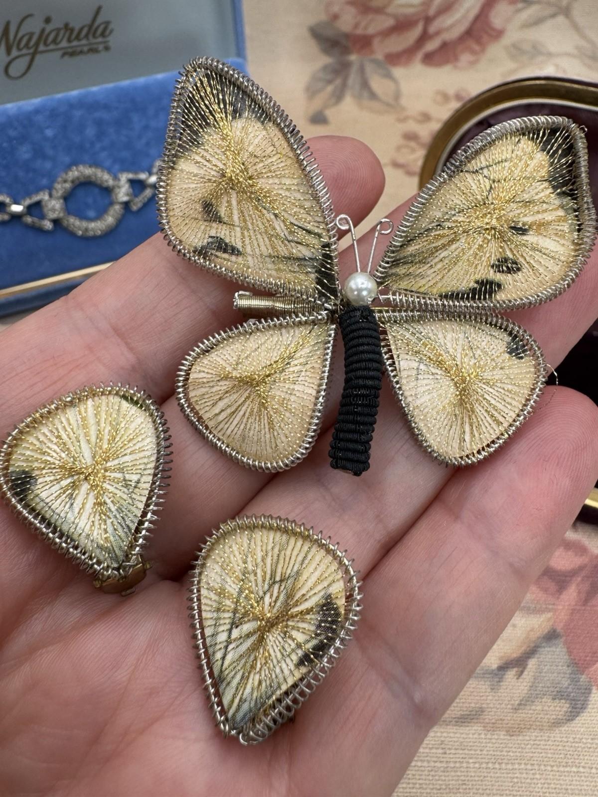 Signed Germany Butterfly Handmade Wirework Brooch & Earring Set Mid-Century