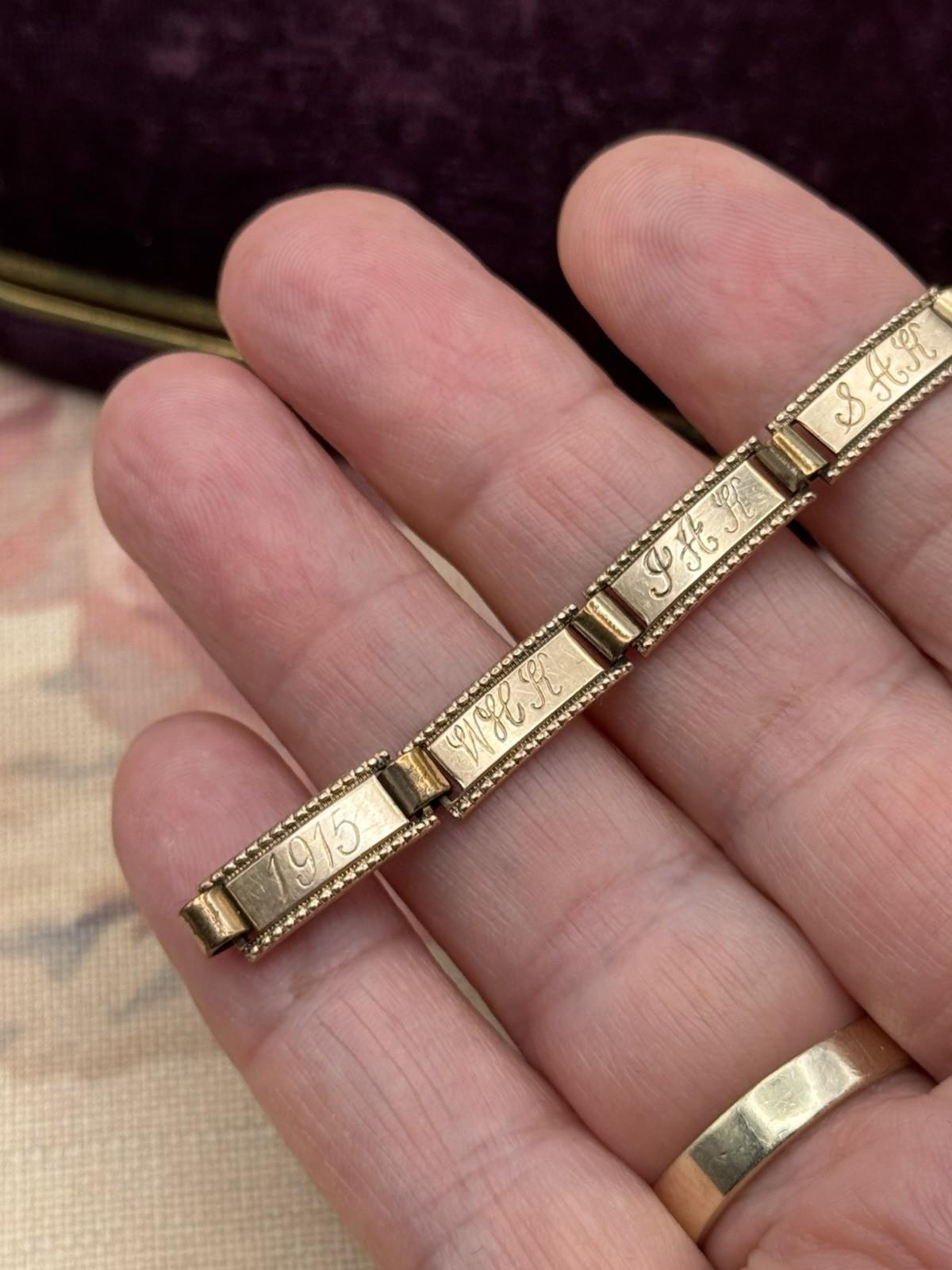 Antique 1915 Friendship Bracelet Gold Filled Rose Gold Engraved Panels 6.25”