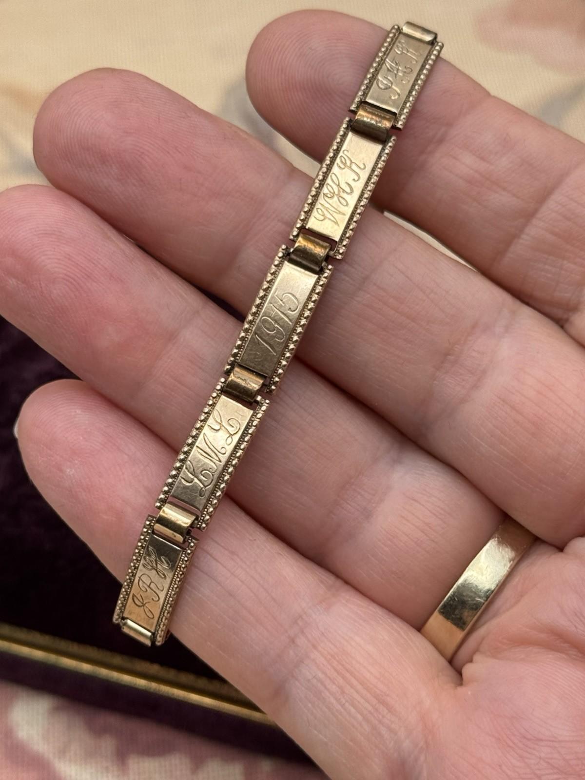 Antique 1915 Friendship Bracelet Gold Filled Rose Gold Engraved Panels 6.25”