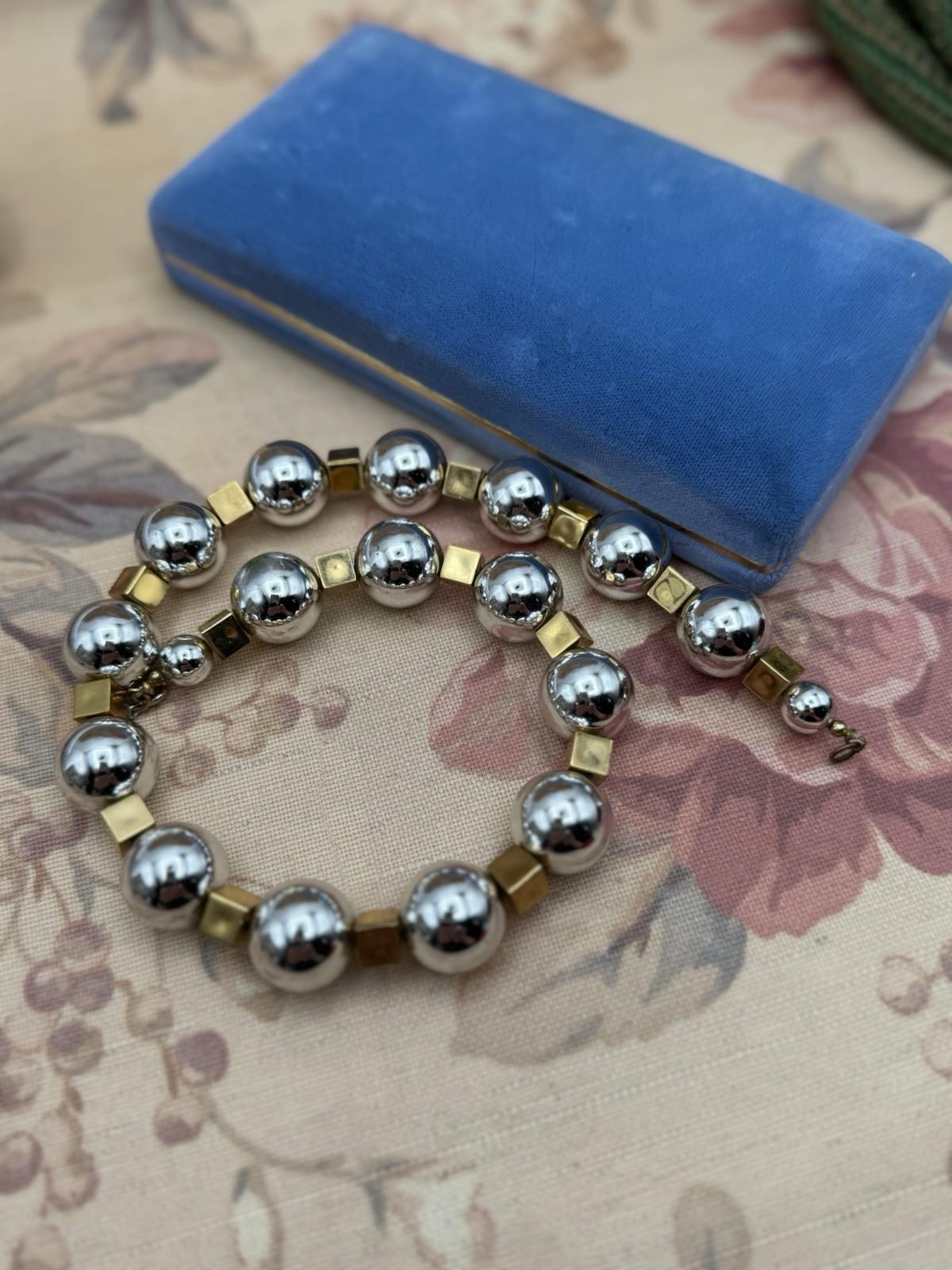 Vintage Silver Tone Plastic Bead Necklace 17” with Gold Cube Spacers Retro