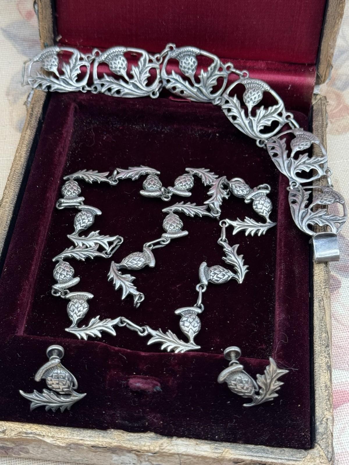 Sterling Silver Scottish Thistle Parure Necklace Bracelet Earrings c1930s