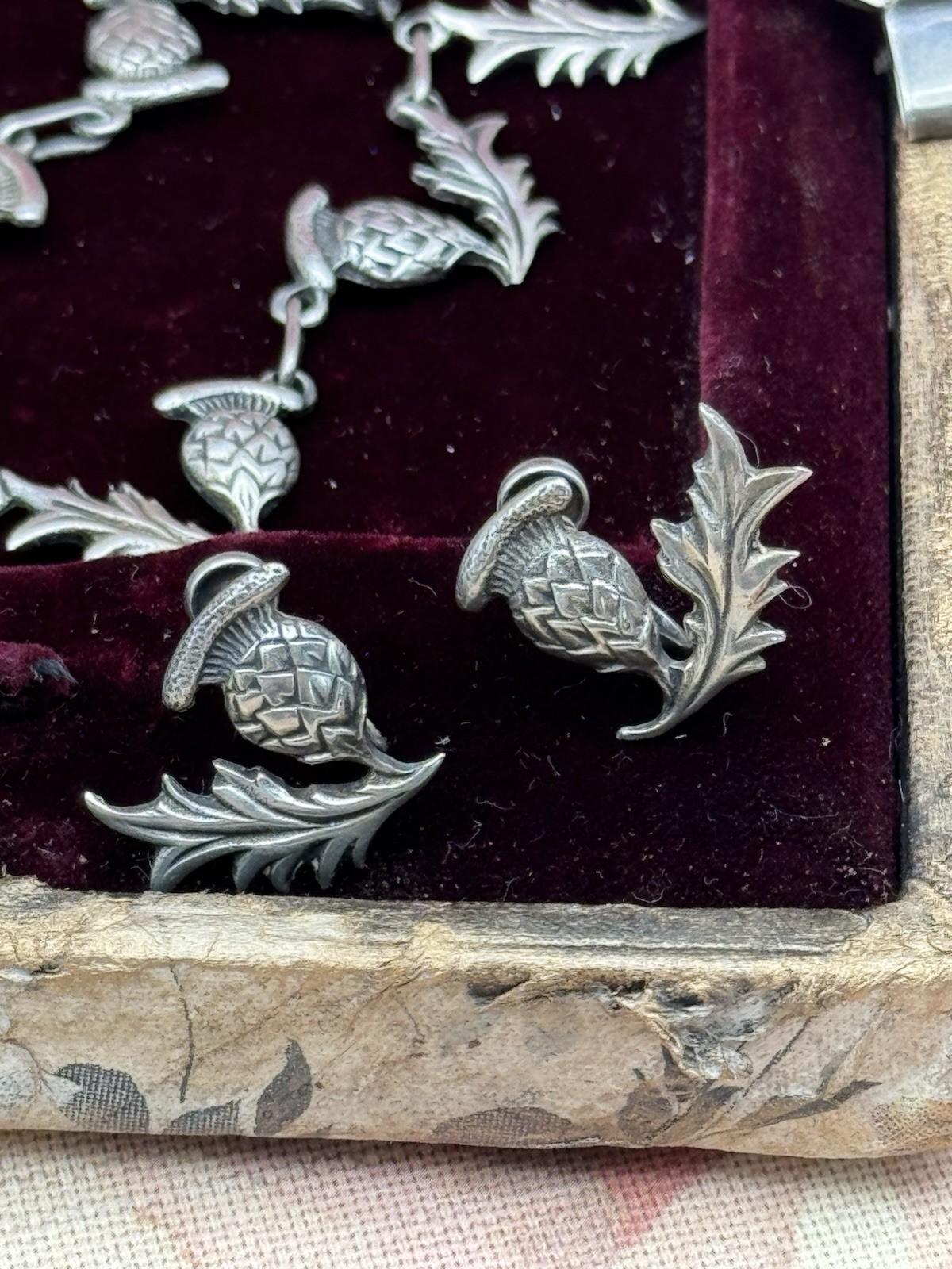 Sterling Silver Scottish Thistle Parure Necklace Bracelet Earrings c1930s