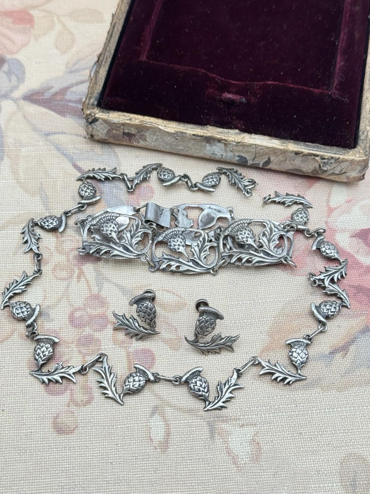 Sterling Silver Scottish Thistle Parure Necklace Bracelet Earrings c1930s