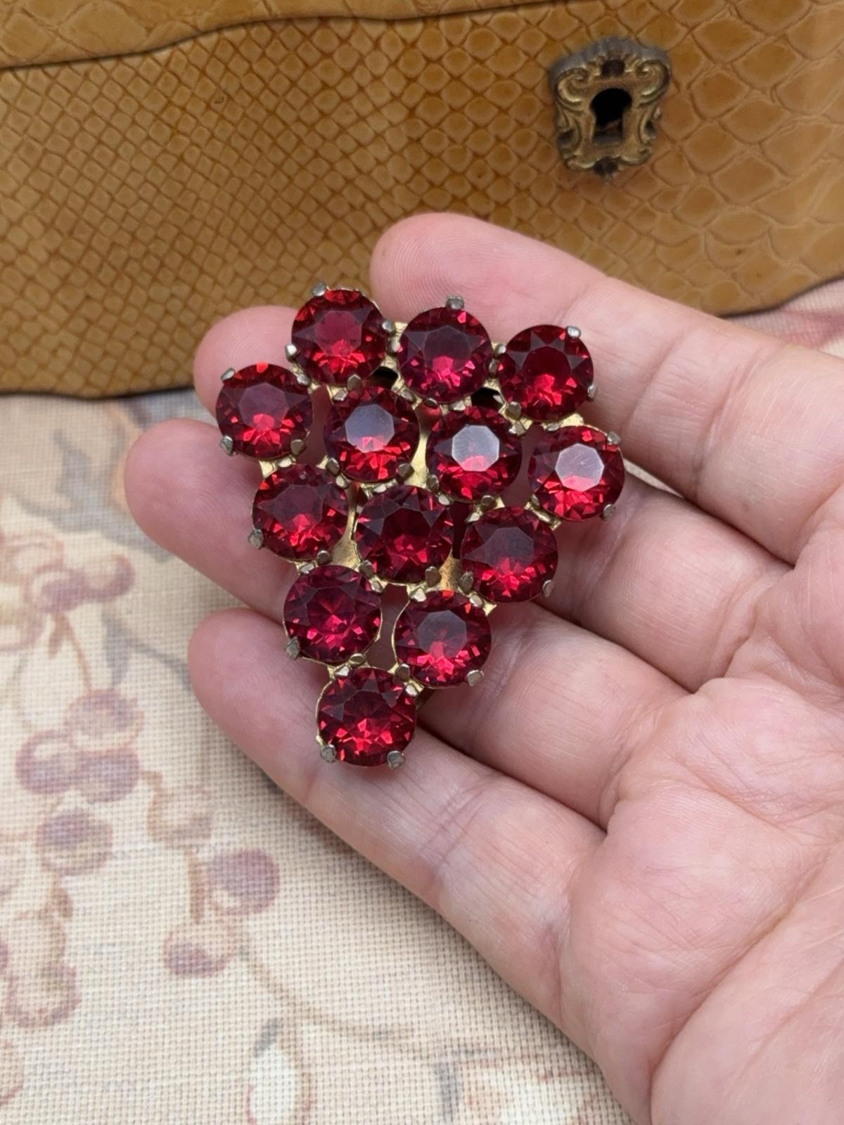 Vintage Art Deco Style Red Glass Rhinestone Dress Clip 2.25” Czech Style