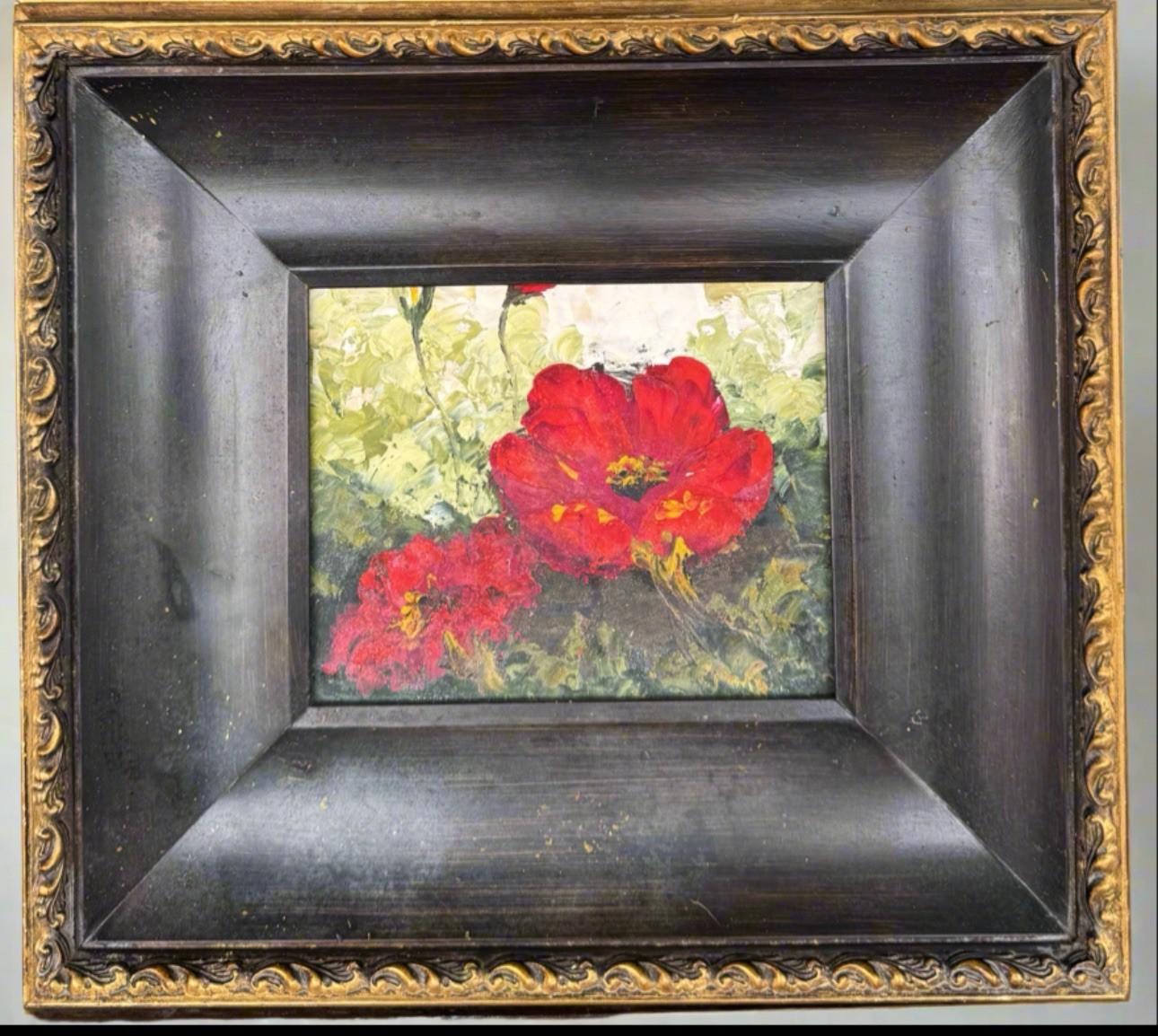 Vintage Oil Painting Red Poppies in Heavy Carved Wood Frame 20.5” x 18.5”