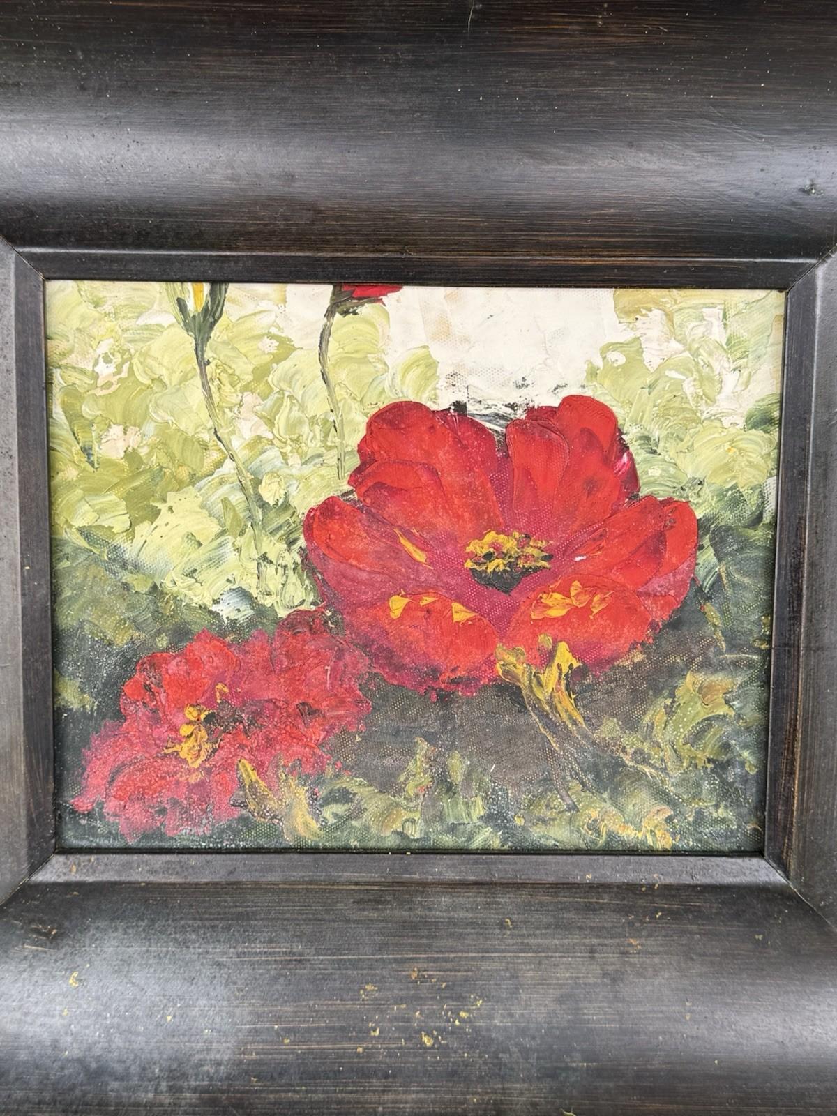 Vintage Oil Painting Red Poppies in Heavy Carved Wood Frame 20.5” x 18.5”