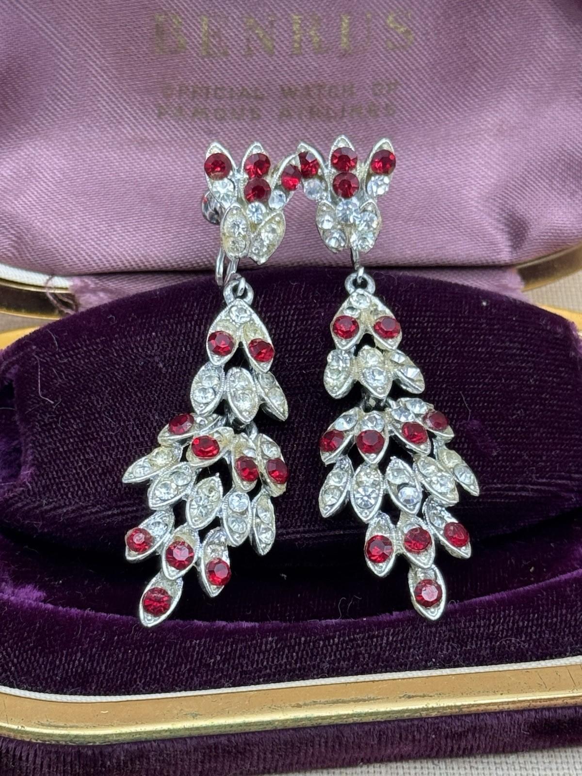 Vintage Earrings Red Clear Rhinestone Chandelier Screwback 2.5” AS IS