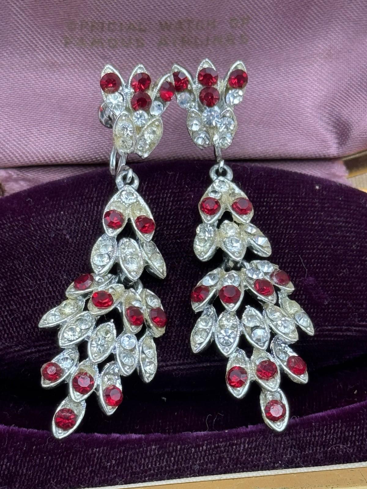 Vintage Earrings Red Clear Rhinestone Chandelier Screwback 2.5” AS IS