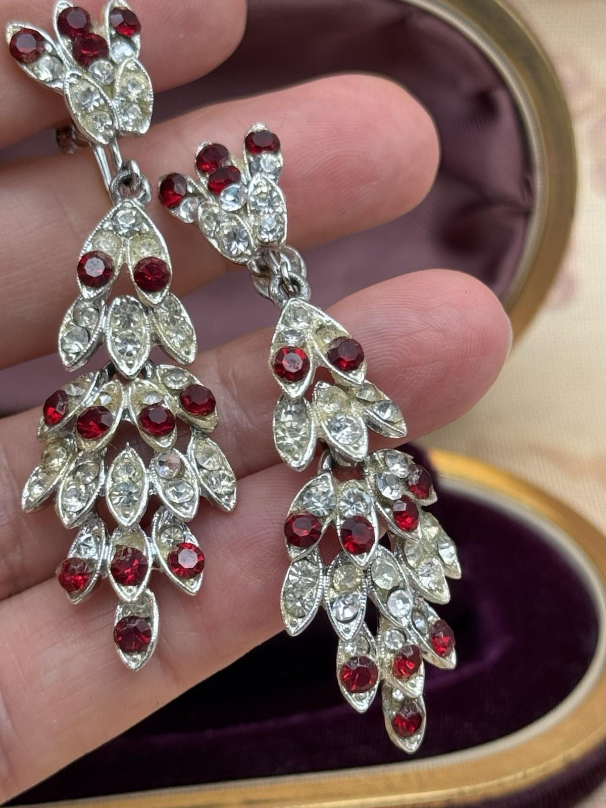Vintage Earrings Red Clear Rhinestone Chandelier Screwback 2.5” AS IS
