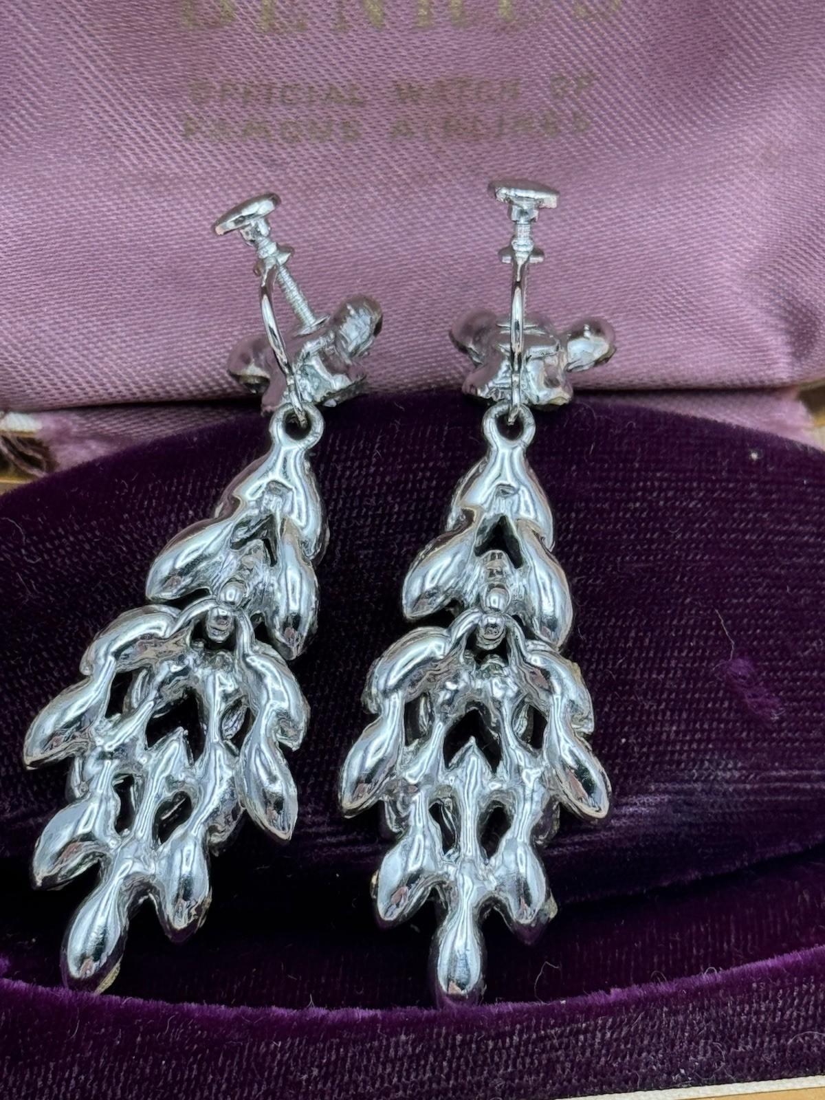 Vintage Earrings Red Clear Rhinestone Chandelier Screwback 2.5” AS IS
