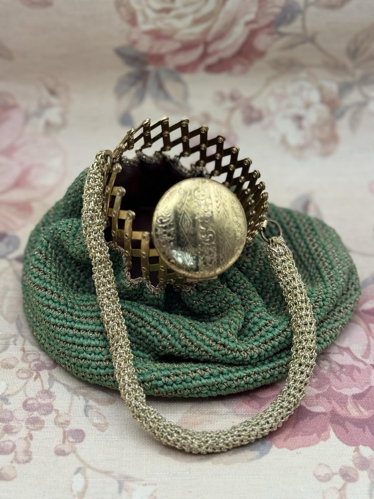 Vintage Green Crochet Evening Bag Reticule Expandable Brass Frame Satin Lined