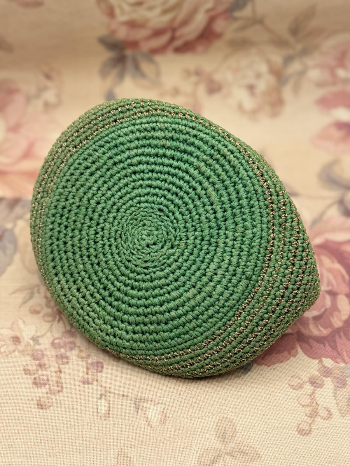 Vintage Green Crochet Evening Bag Reticule Expandable Brass Frame Satin Lined