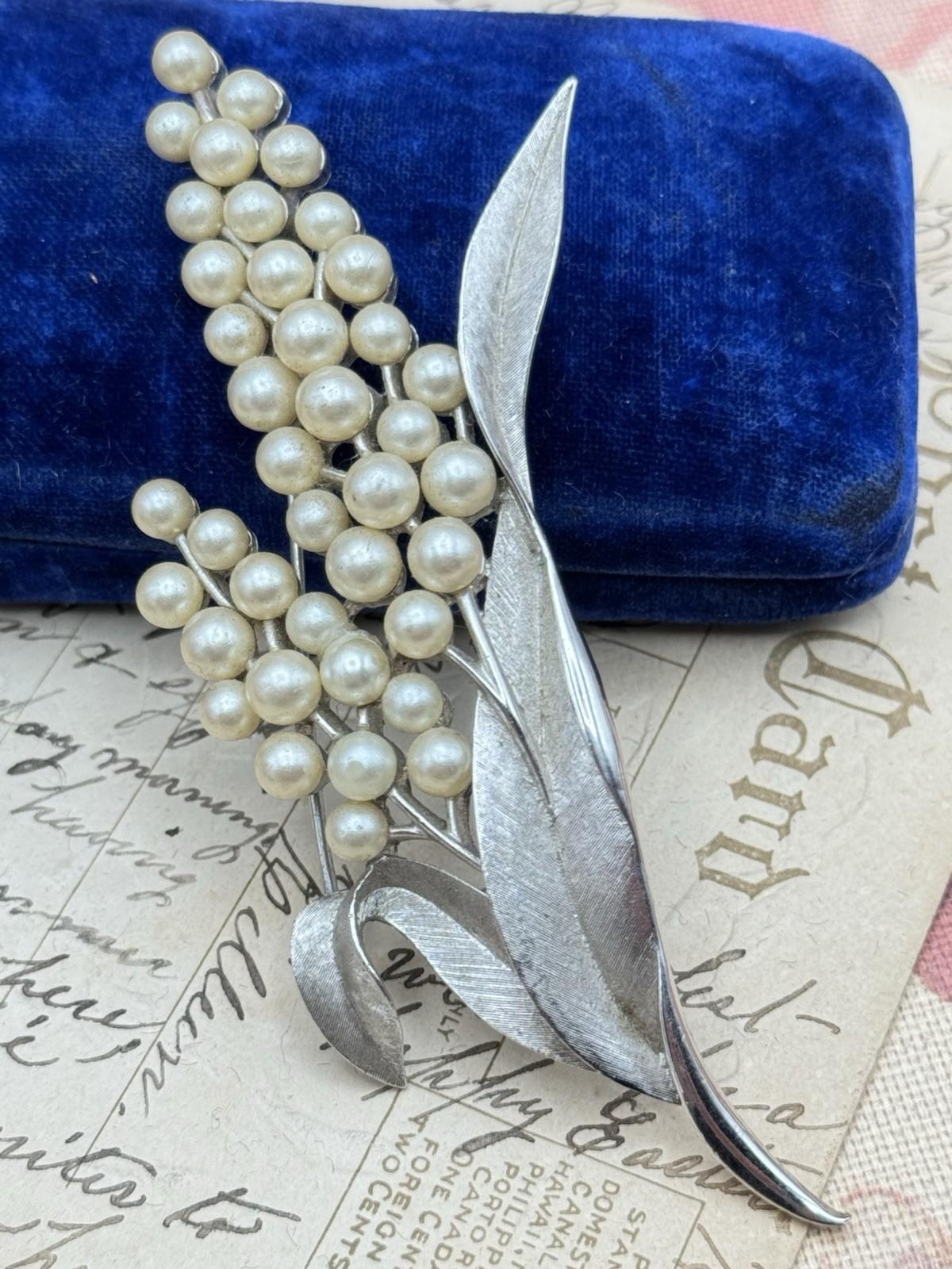 Vintage Crown Trifari Brooch Silver Tone Faux Pearl Leaf Spray 4”