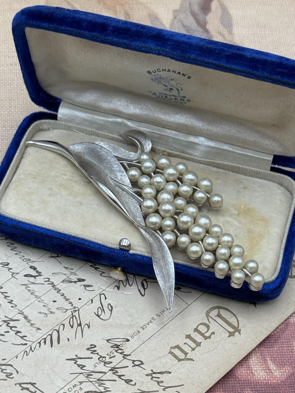 Vintage Crown Trifari Brooch Silver Tone Faux Pearl Leaf Spray 4”