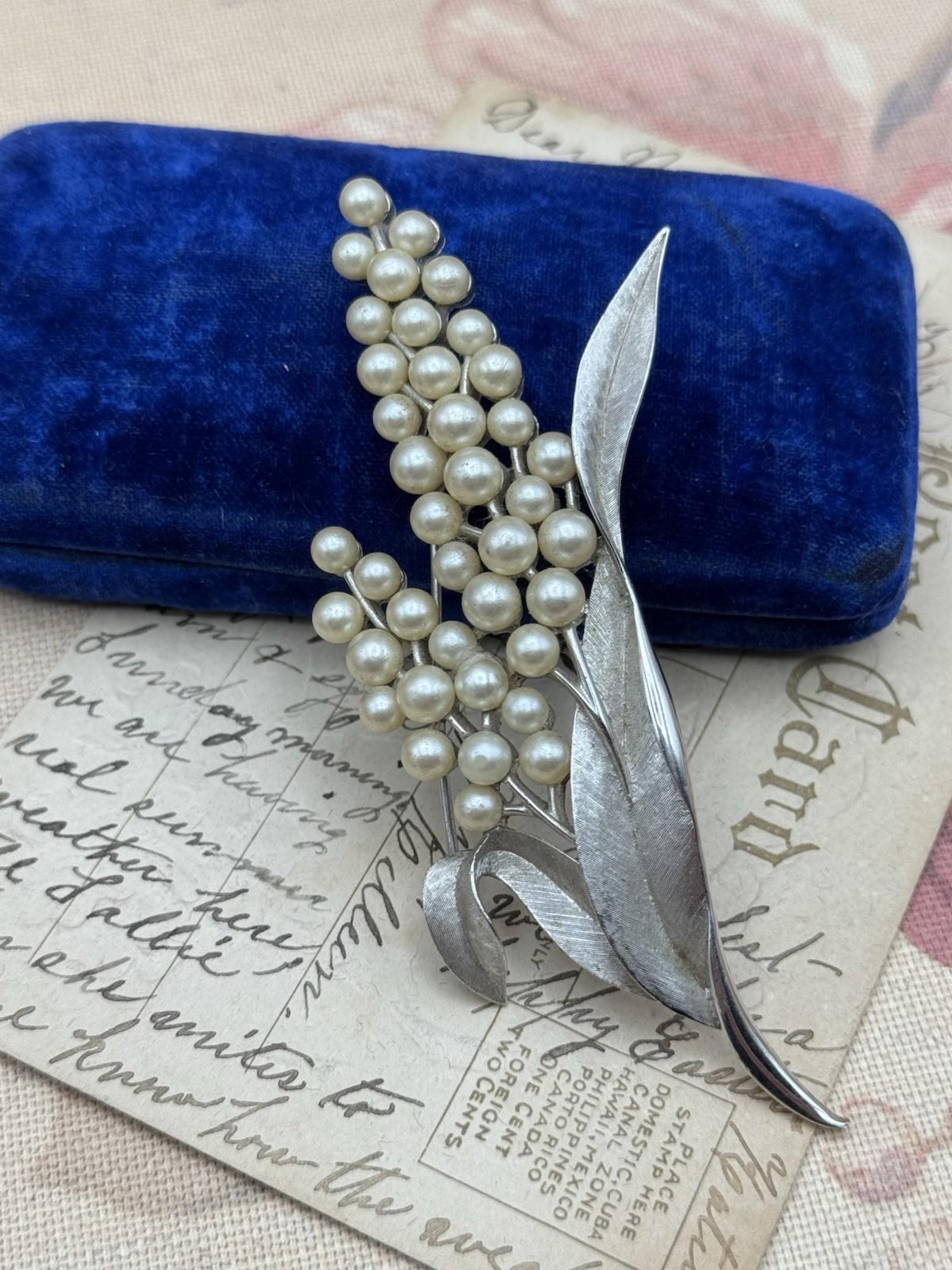 Vintage Crown Trifari Brooch Silver Tone Faux Pearl Leaf Spray 4”
