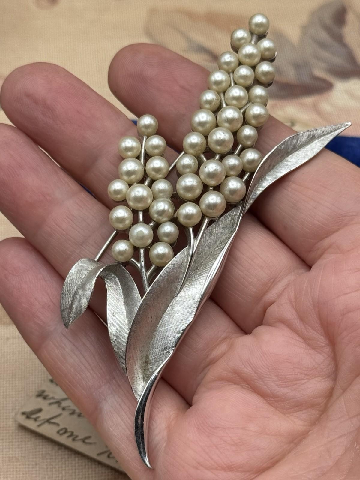 Vintage Crown Trifari Brooch Silver Tone Faux Pearl Leaf Spray 4”
