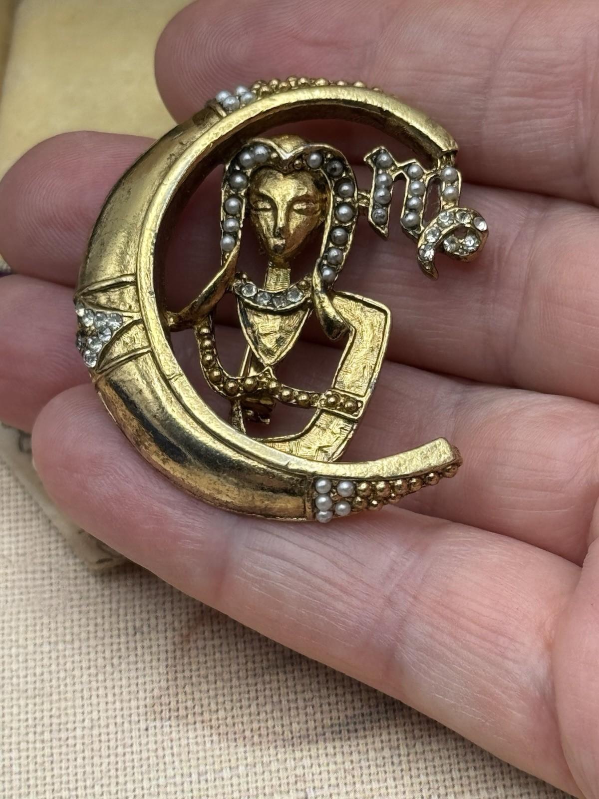 Vintage VIRGO Zodiac Brooch Goldtone Crescent Moon Seed Pearls 1.75”