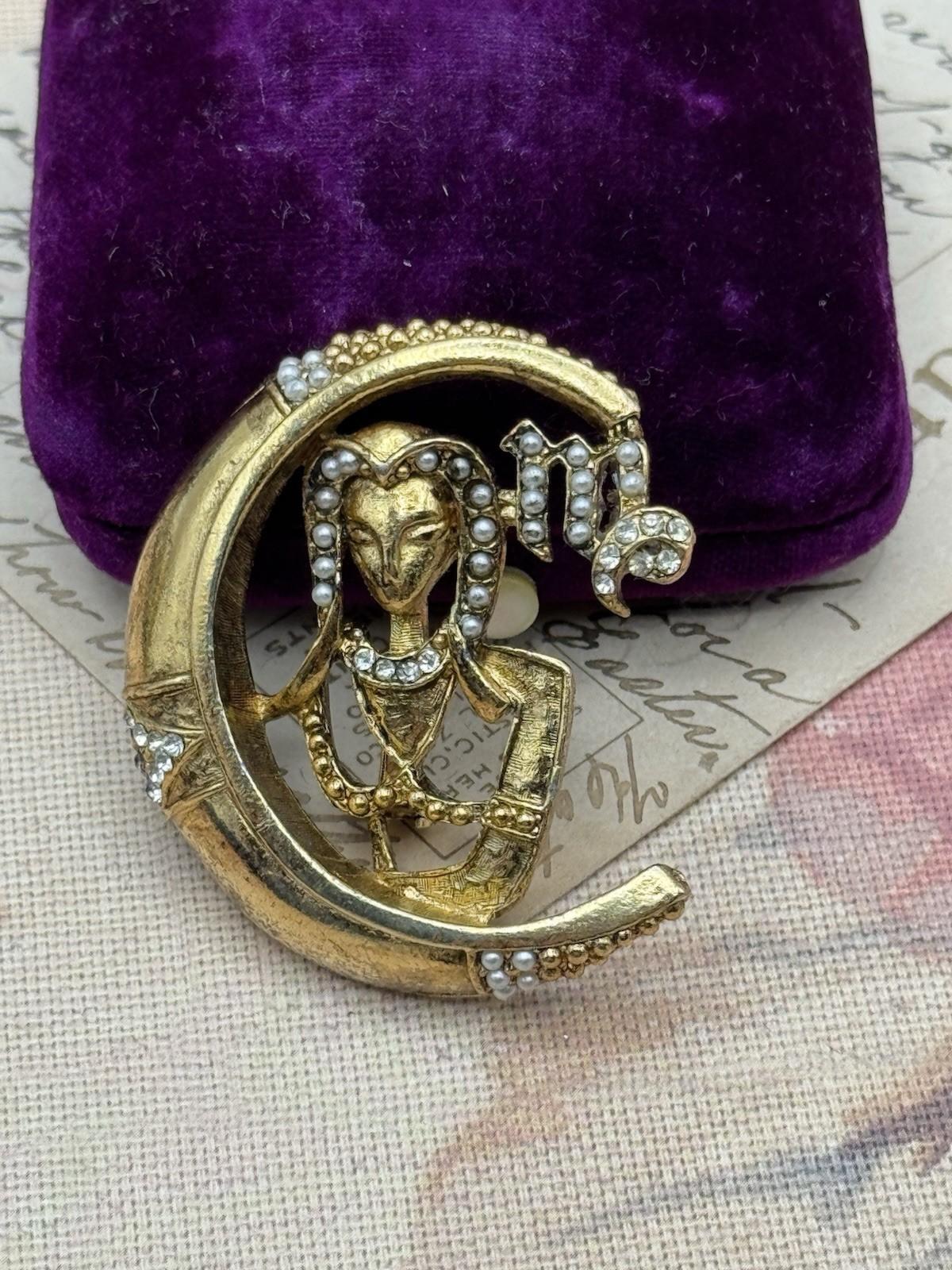 Vintage VIRGO Zodiac Brooch Goldtone Crescent Moon Seed Pearls 1.75”