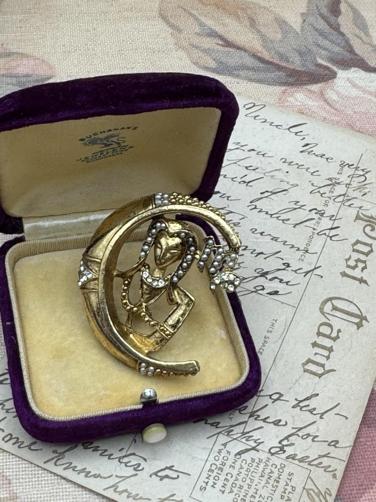 Vintage VIRGO Zodiac Brooch Goldtone Crescent Moon Seed Pearls 1.75”