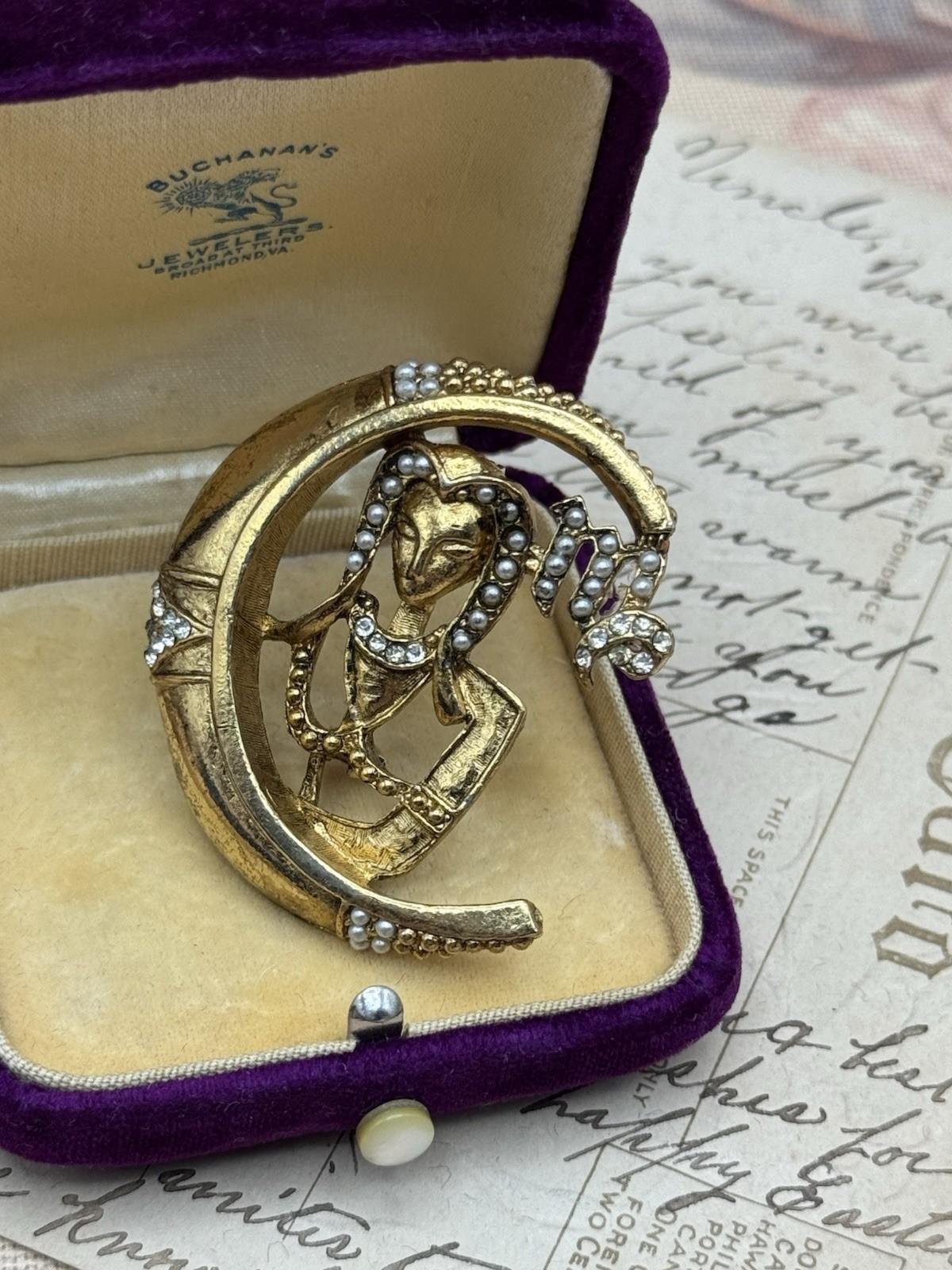 Vintage VIRGO Zodiac Brooch Goldtone Crescent Moon Seed Pearls 1.75”