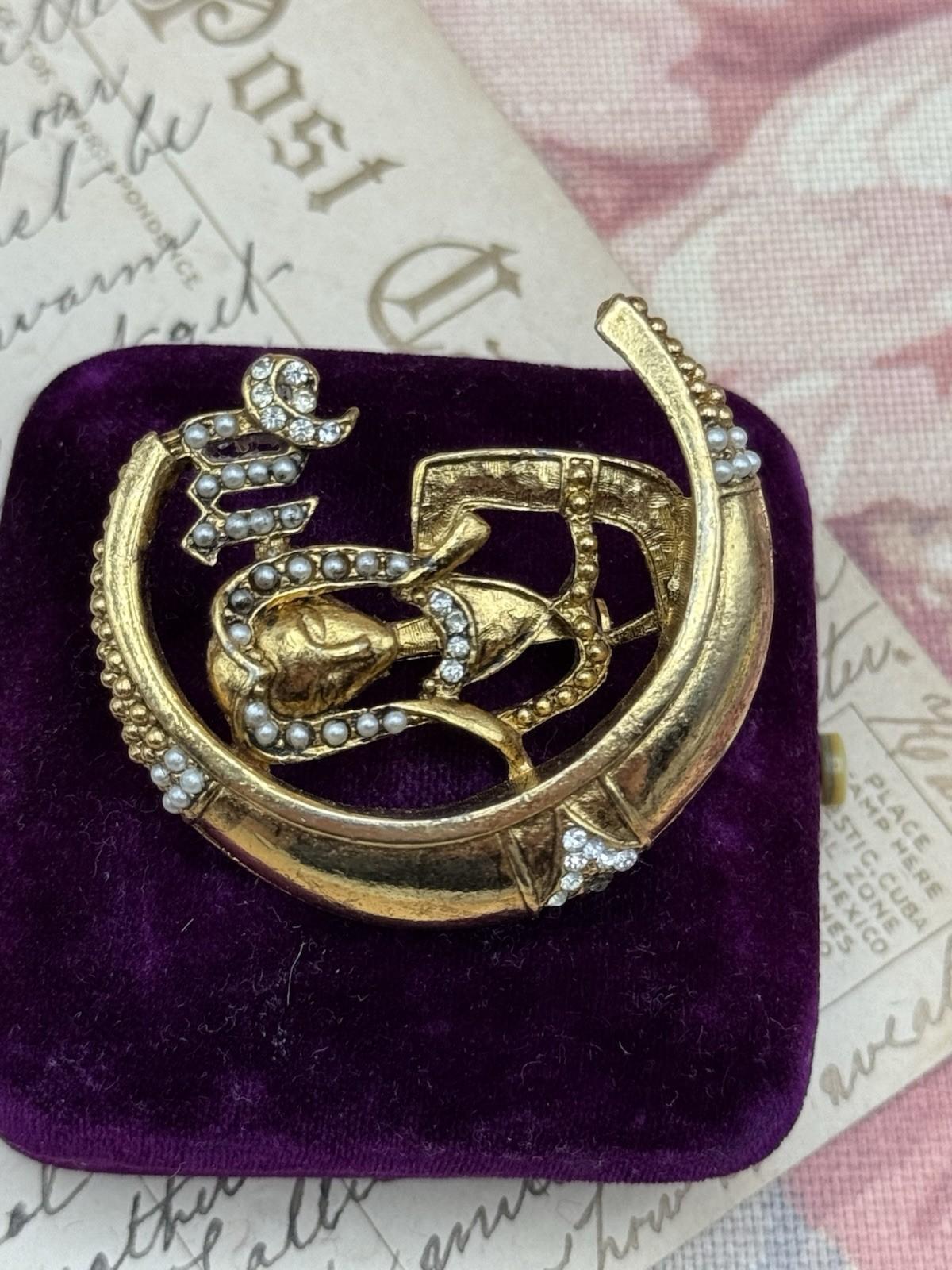 Vintage VIRGO Zodiac Brooch Goldtone Crescent Moon Seed Pearls 1.75”