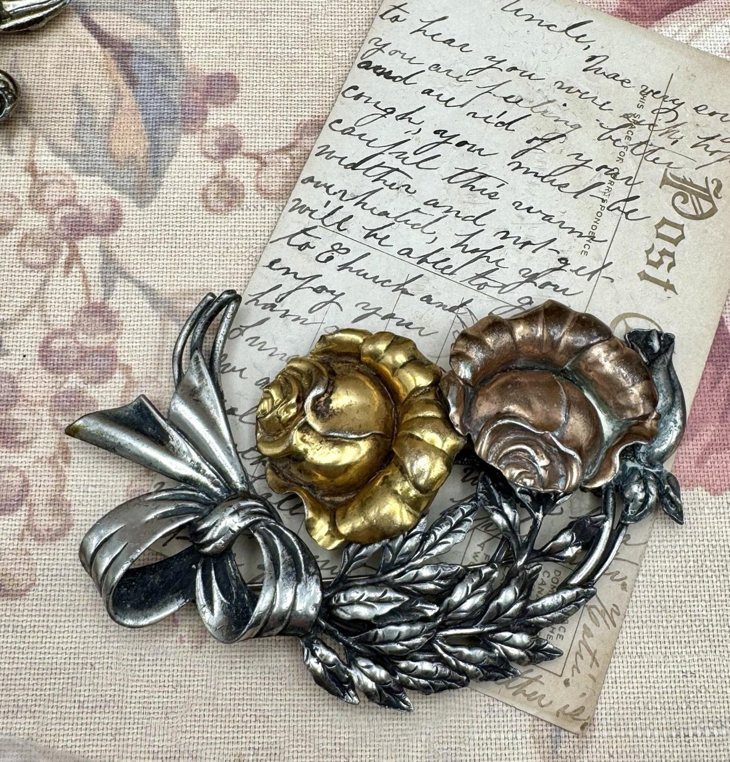 Vintage Floral Brooch Large Silver Gold Copper Tone Roses Bow 4.5” RARE