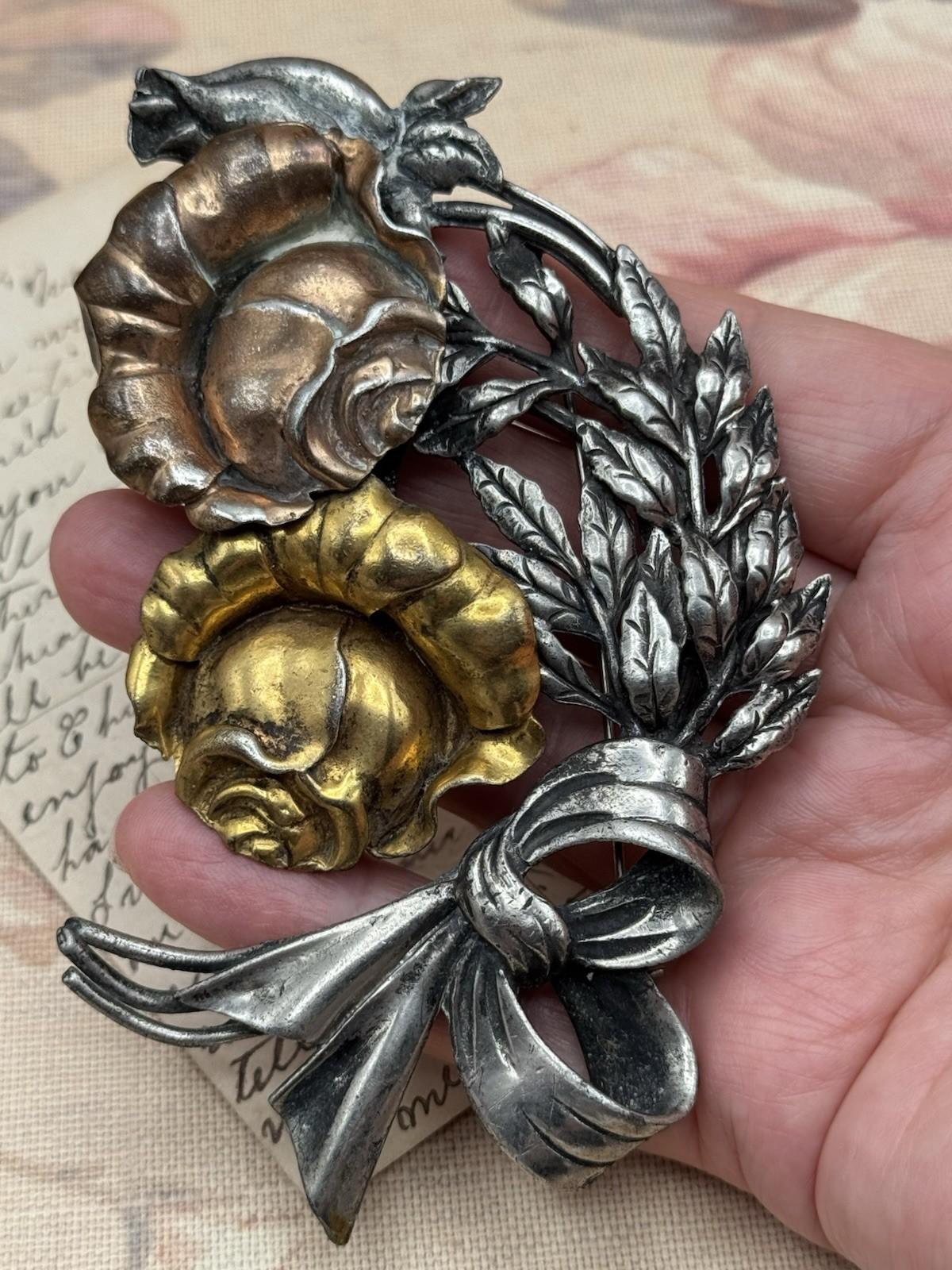 Vintage Floral Brooch Large Silver Gold Copper Tone Roses Bow 4.5” RARE