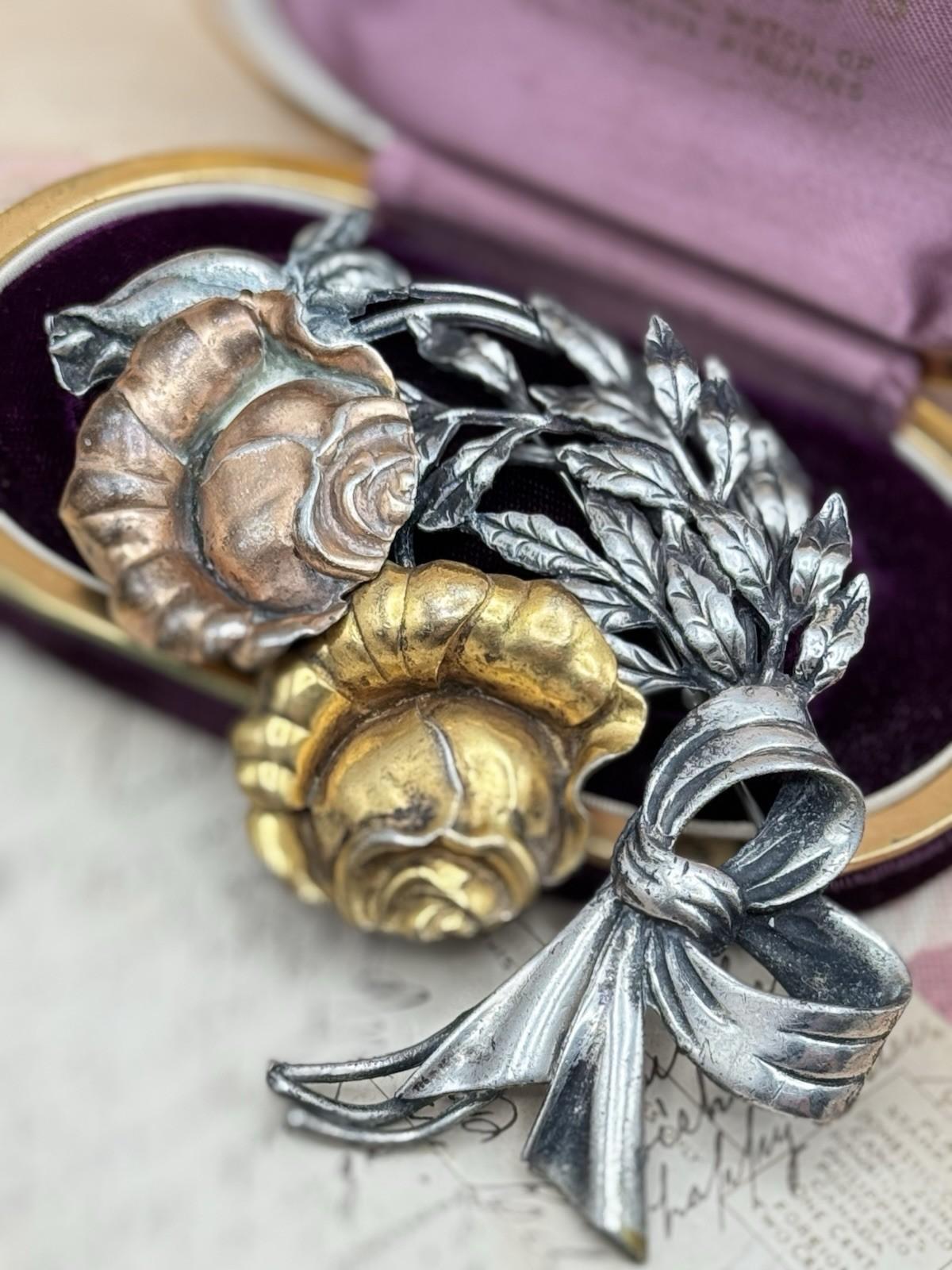 Vintage Floral Brooch Large Silver Gold Copper Tone Roses Bow 4.5” RARE