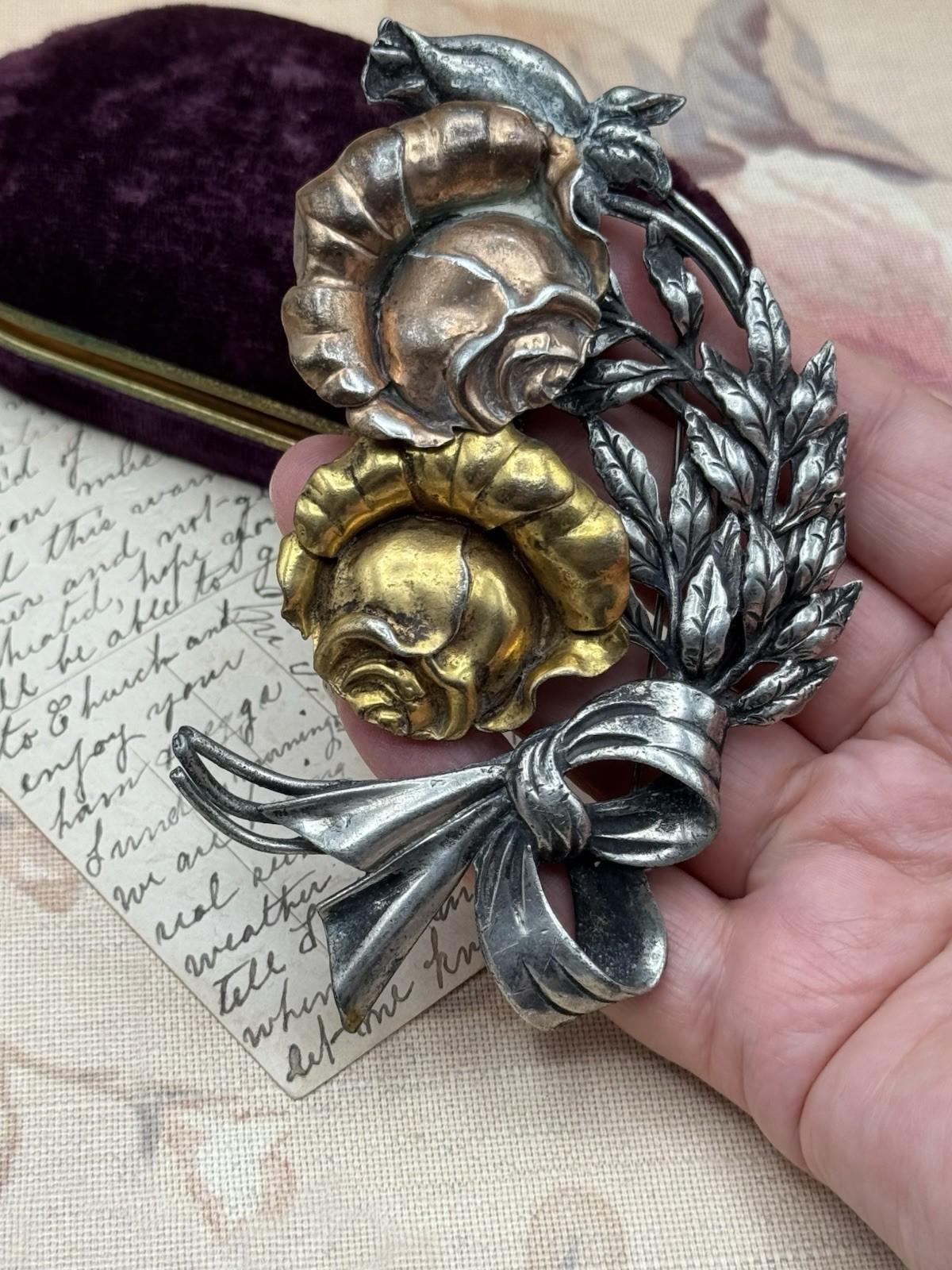 Vintage Floral Brooch Large Silver Gold Copper Tone Roses Bow 4.5” RARE