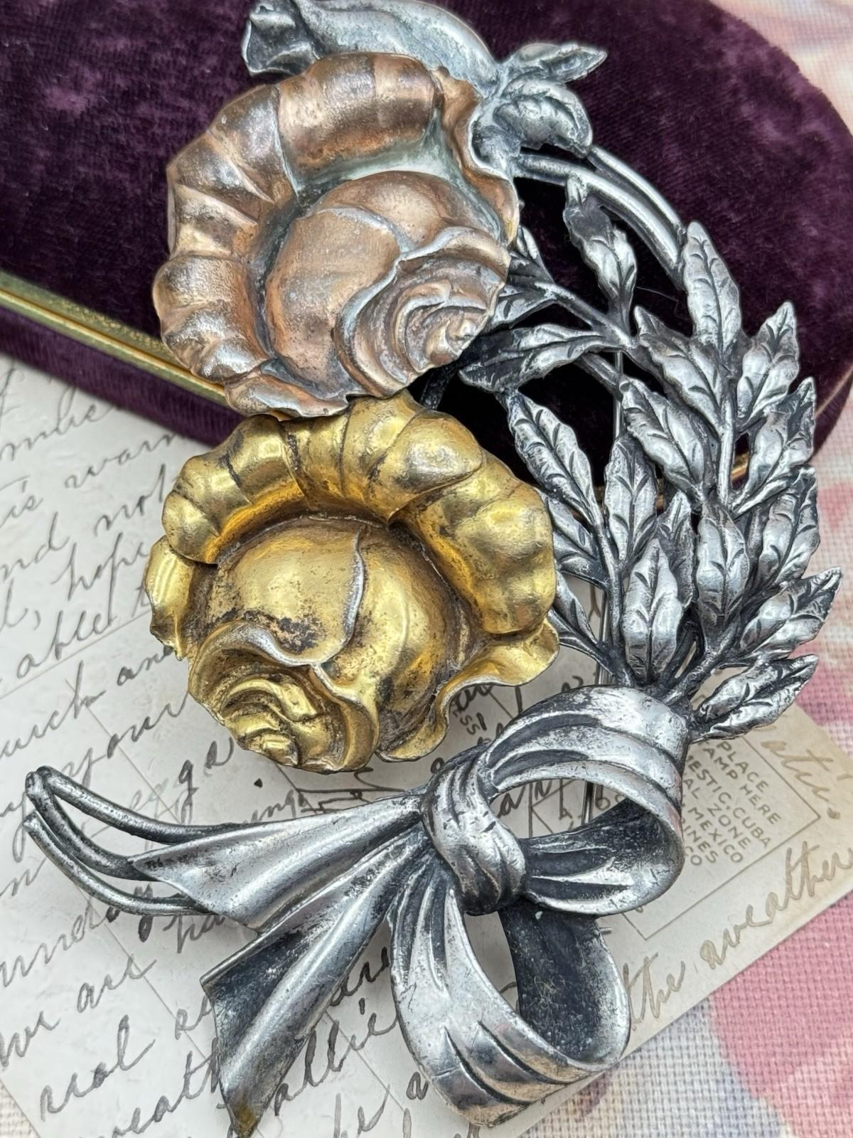 Vintage Floral Brooch Large Silver Gold Copper Tone Roses Bow 4.5” RARE