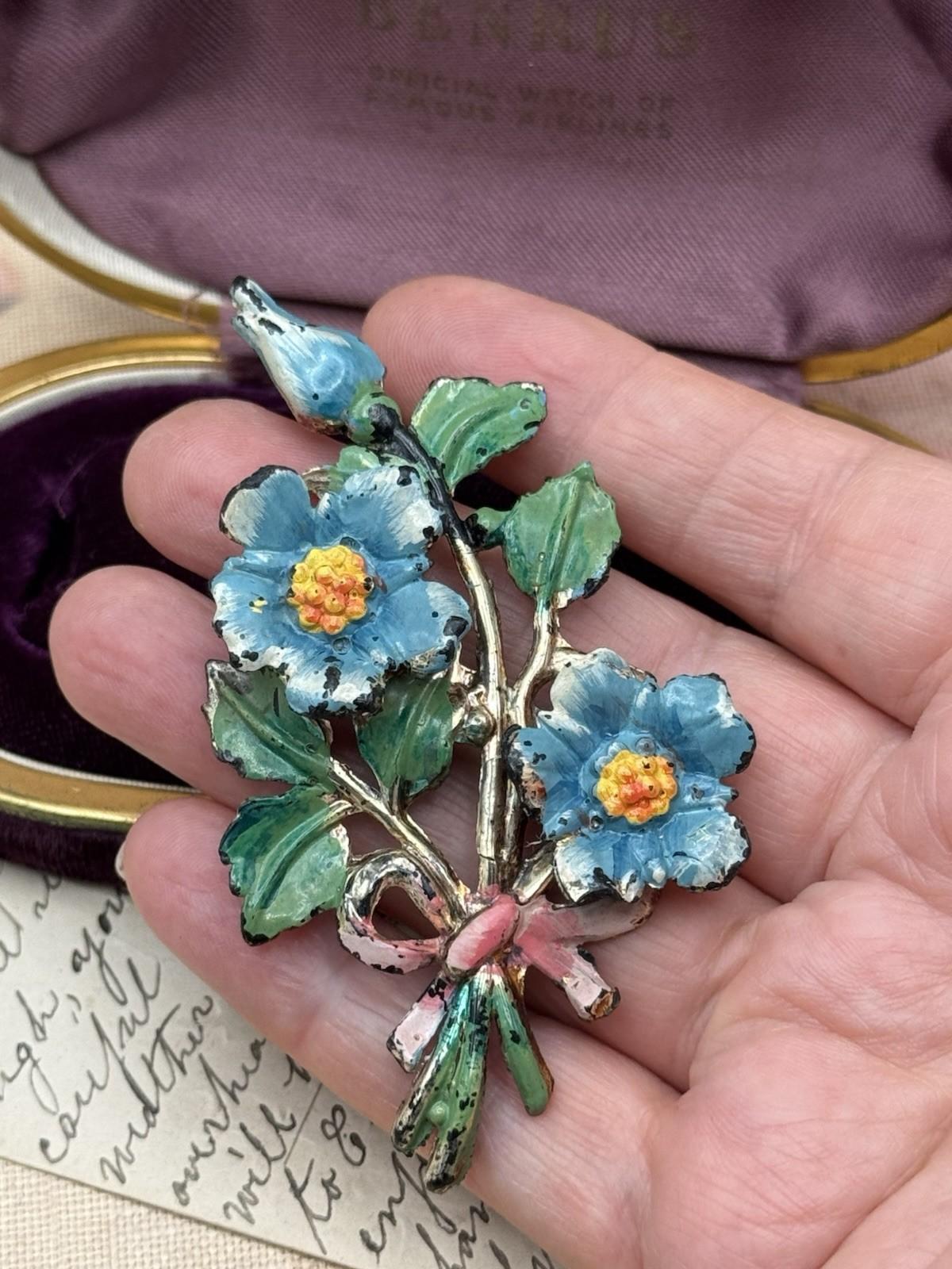 VINTAGE “Celluloid” Floral Brooch Blue Flowers Pink Bow Enamel Painted 3.5” 1920s