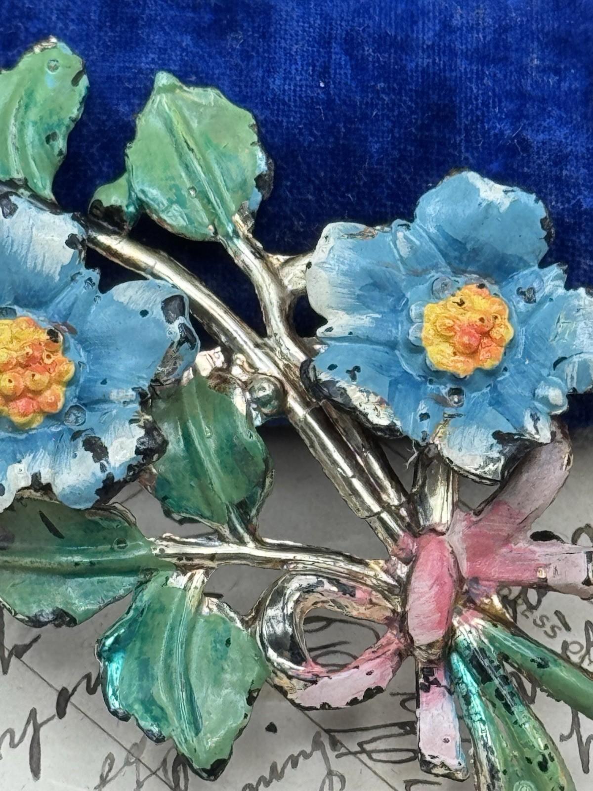 VINTAGE “Celluloid” Floral Brooch Blue Flowers Pink Bow Enamel Painted 3.5” 1920s