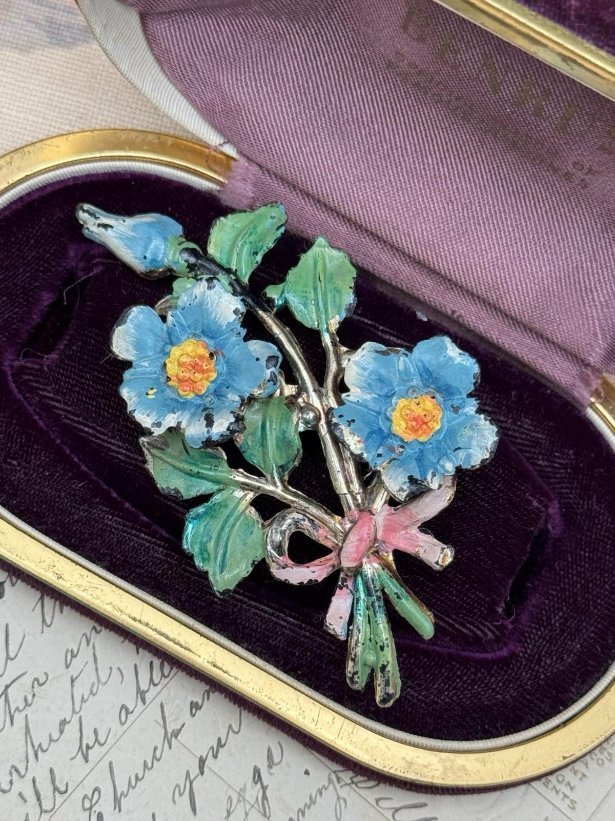 VINTAGE “Celluloid” Floral Brooch Blue Flowers Pink Bow Enamel Painted 3.5” 1920s