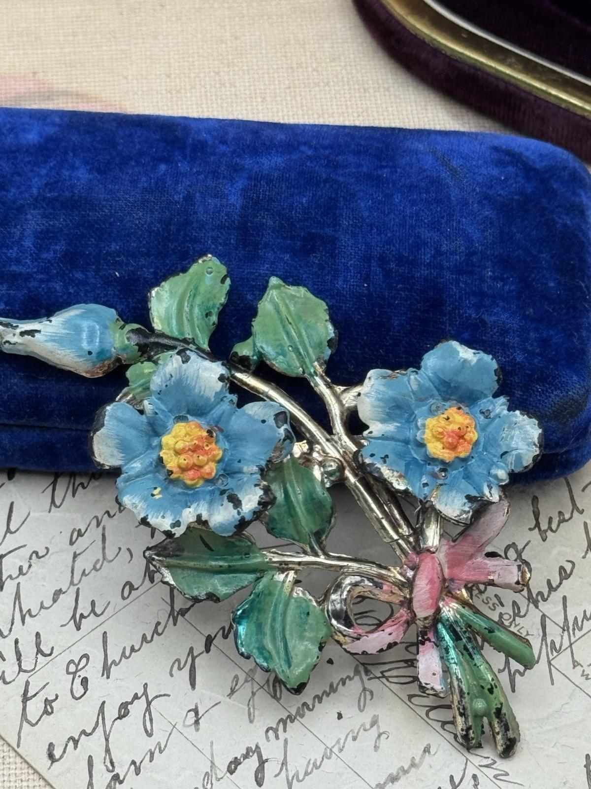 VINTAGE “Celluloid” Floral Brooch Blue Flowers Pink Bow Enamel Painted 3.5” 1920s