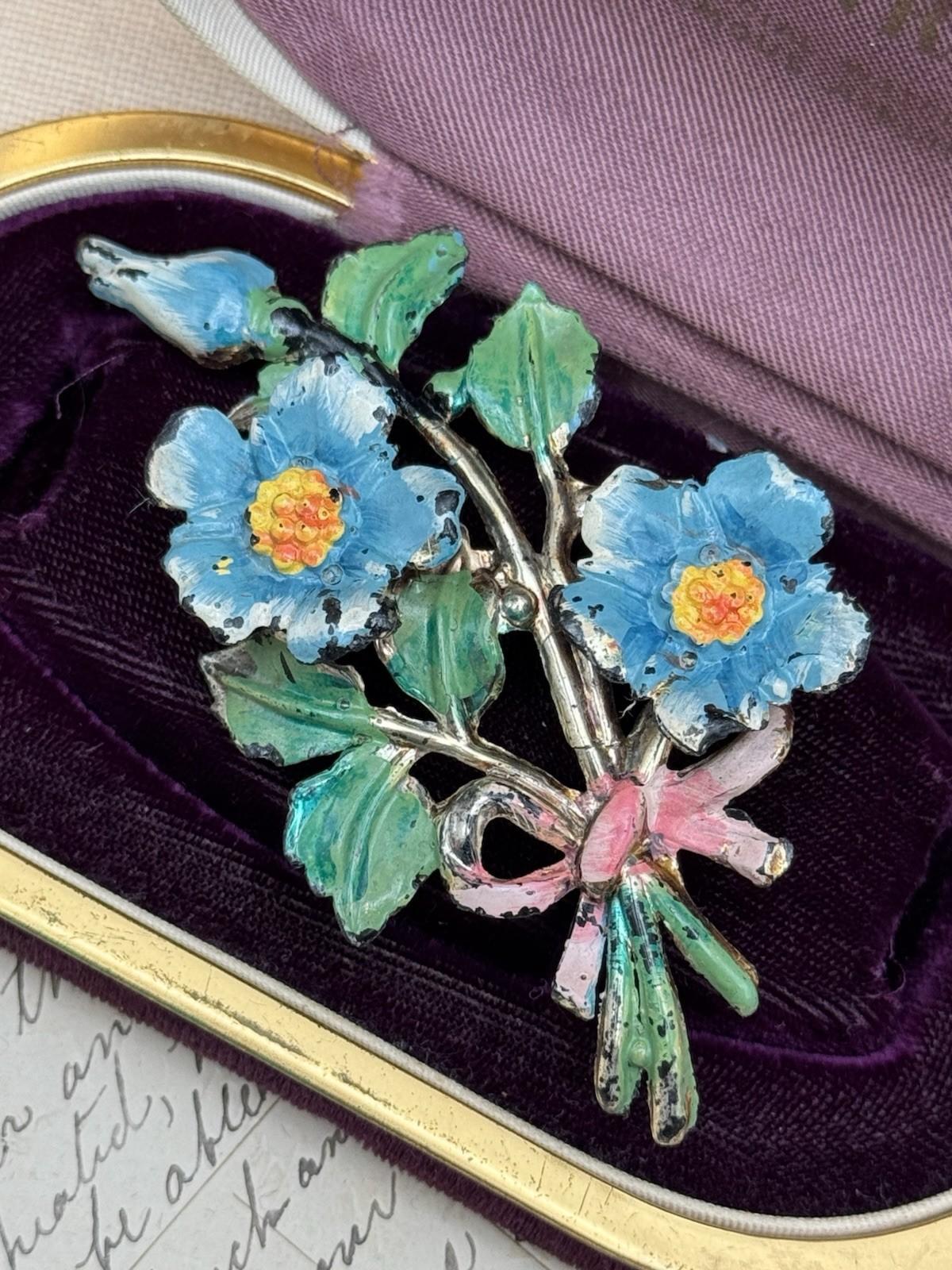 VINTAGE “Celluloid” Floral Brooch Blue Flowers Pink Bow Enamel Painted 3.5” 1920s