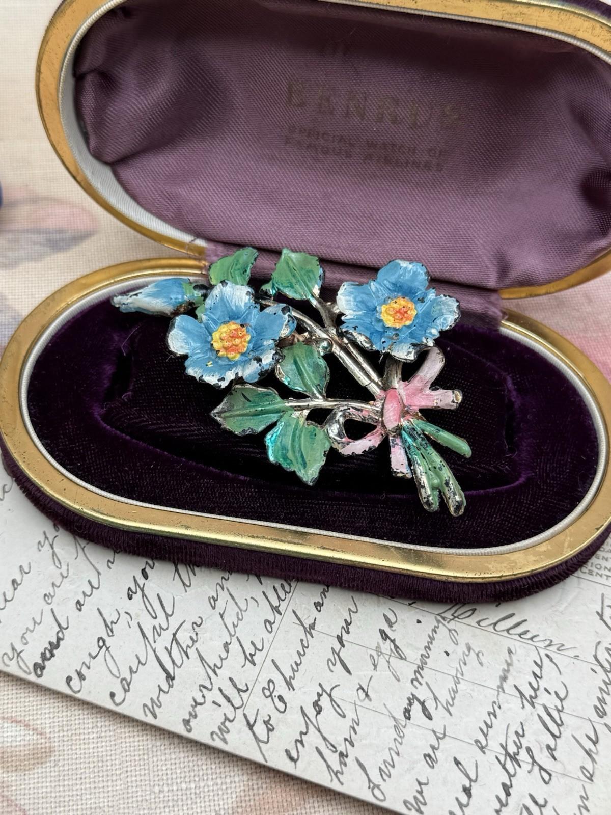 VINTAGE “Celluloid” Floral Brooch Blue Flowers Pink Bow Enamel Painted 3.5” 1920s