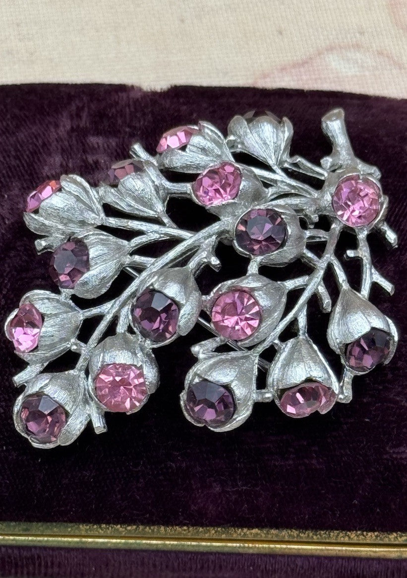 Sarah Coventry Floral Brooch Silver Tone Pink Purple Rhinestones 2.75”
