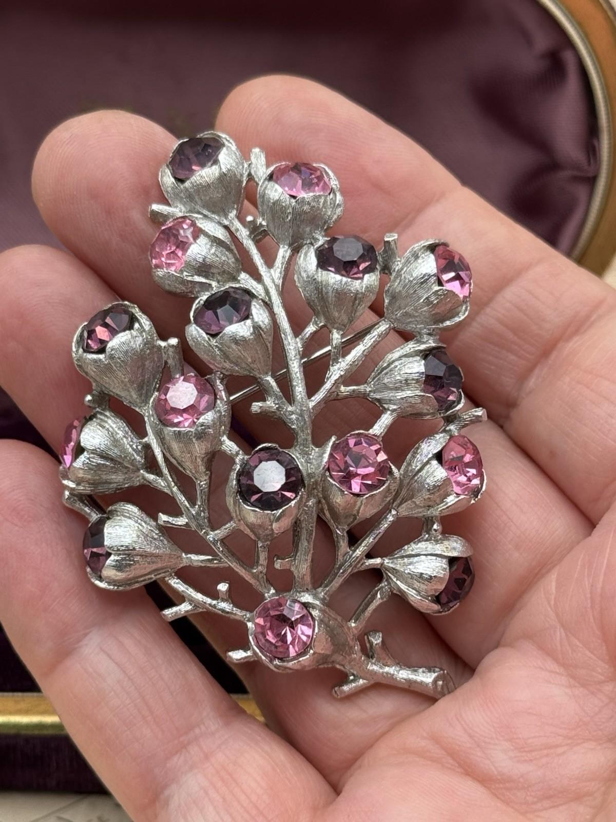 Sarah Coventry Floral Brooch Silver Tone Pink Purple Rhinestones 2.75”
