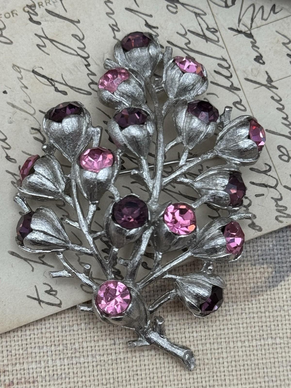 Sarah Coventry Floral Brooch Silver Tone Pink Purple Rhinestones 2.75”