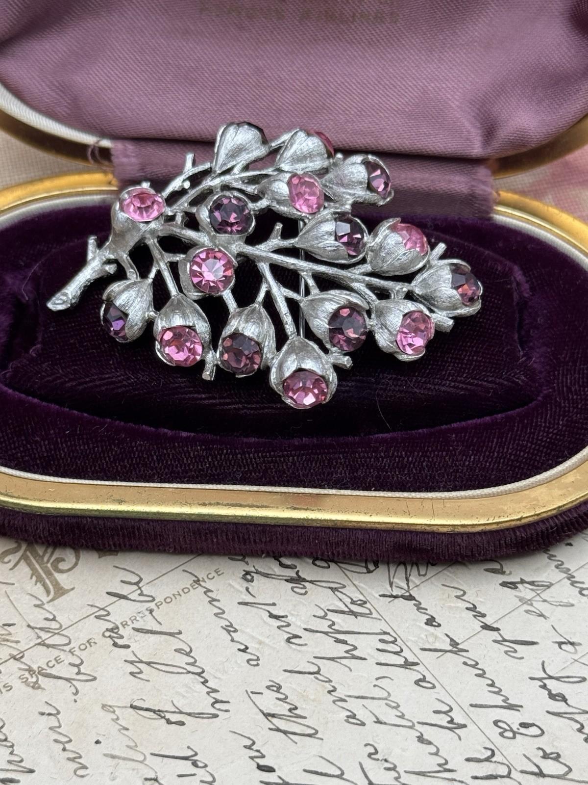 Sarah Coventry Floral Brooch Silver Tone Pink Purple Rhinestones 2.75”