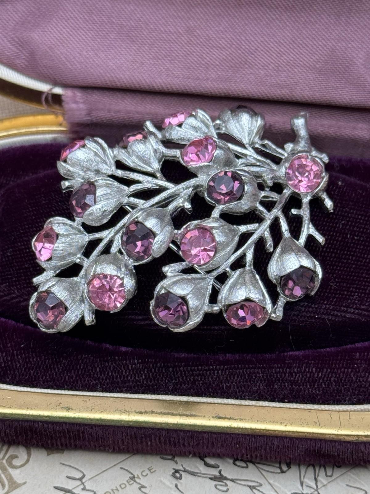 Sarah Coventry Floral Brooch Silver Tone Pink Purple Rhinestones 2.75”