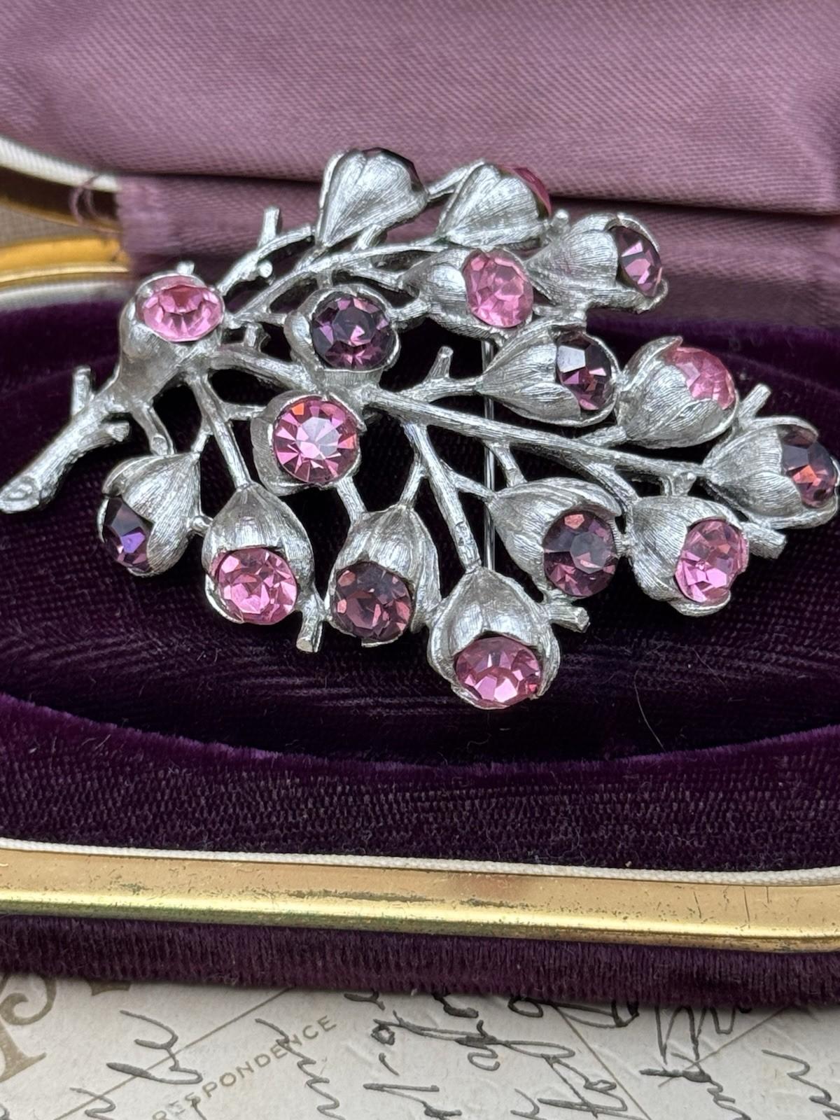 Sarah Coventry Floral Brooch Silver Tone Pink Purple Rhinestones 2.75”